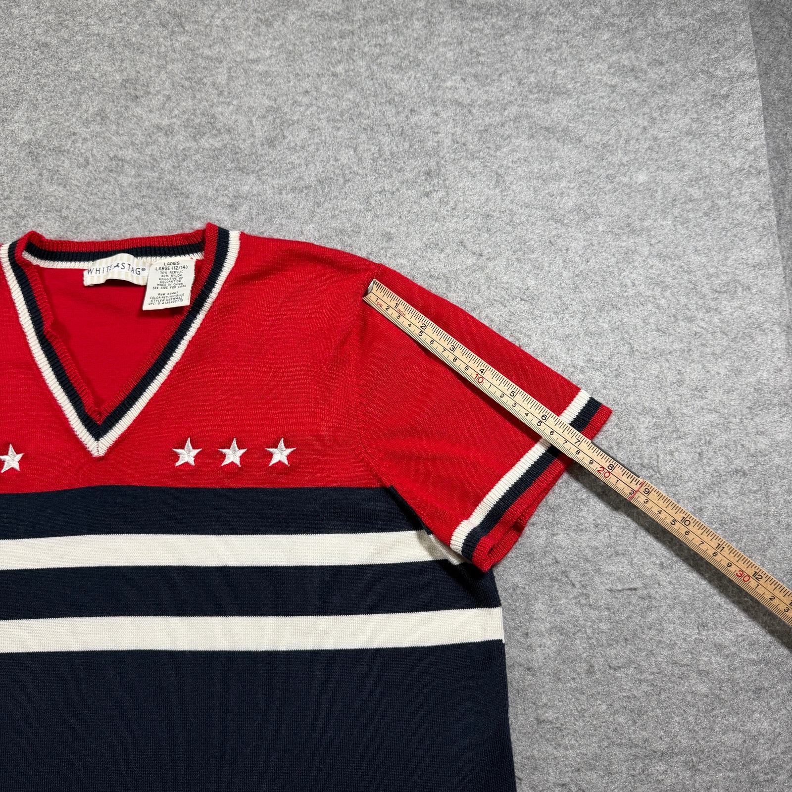 White Stag Vintage Sweater Womens Large Red Navy Star V-Neck Striped Fall Knit thumbnail 8