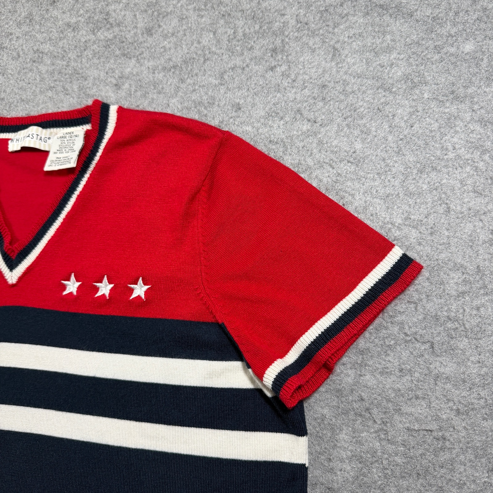 White Stag Vintage Sweater Womens Large Red Navy Star V-Neck Striped Fall Knit thumbnail 9