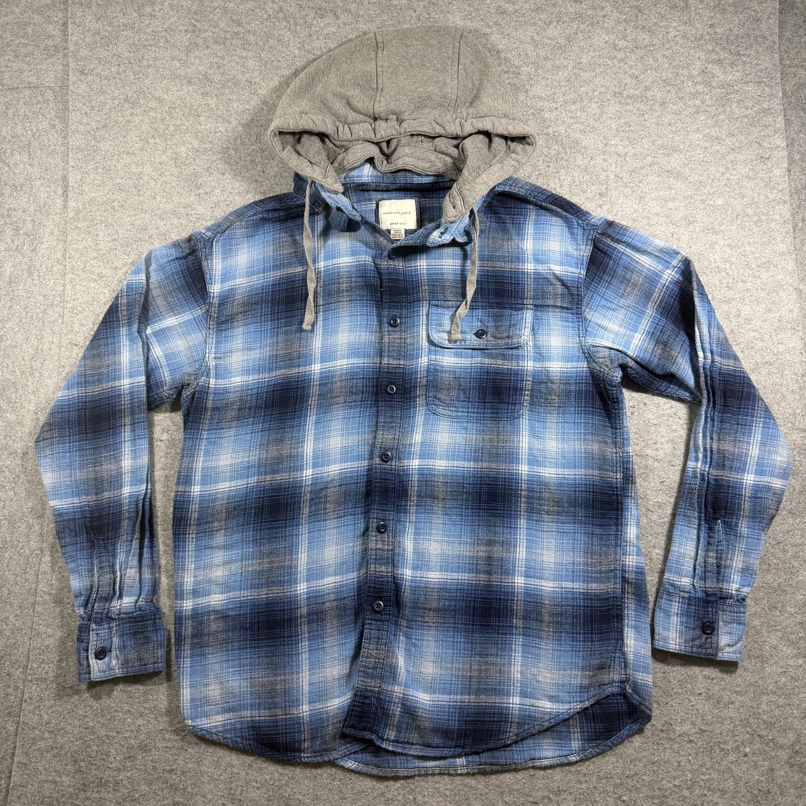 American Eagle Hooded Flannel Shirt Mens M Blue Plaid Button Down Super Soft