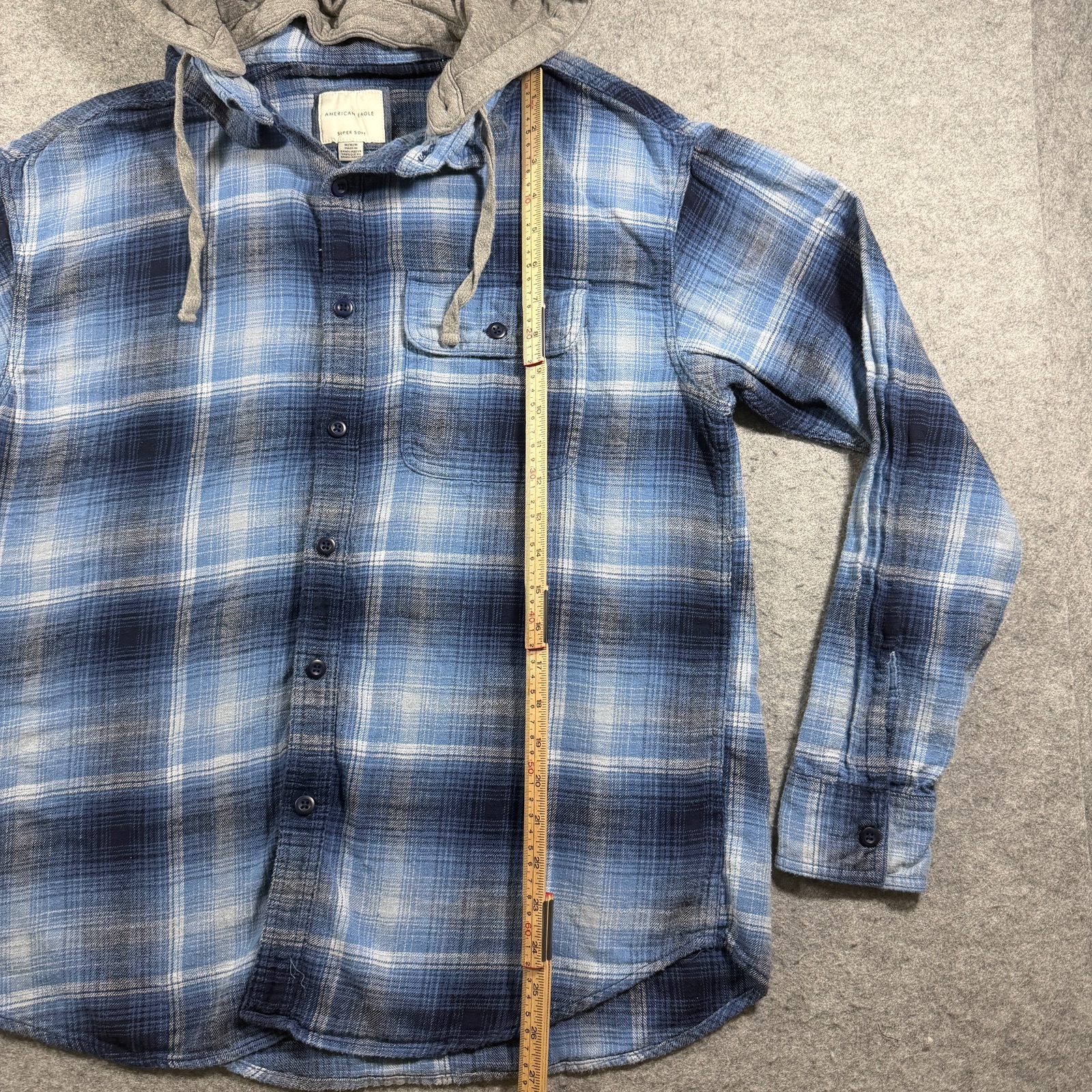 American Eagle Hooded Flannel Shirt Mens M Blue Plaid Button Down Super Soft thumbnail 6