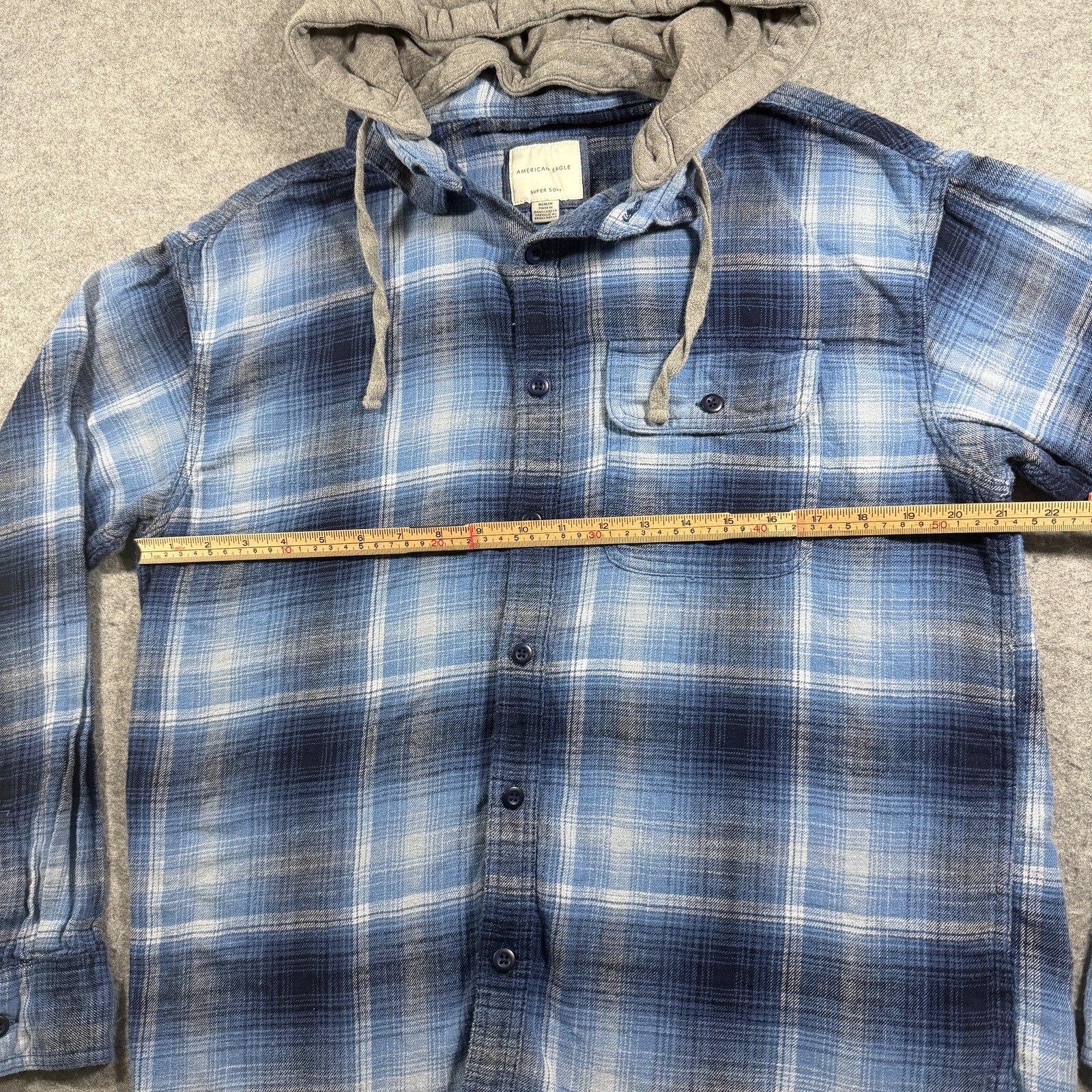 American Eagle Hooded Flannel Shirt Mens M Blue Plaid Button Down Super Soft thumbnail 7