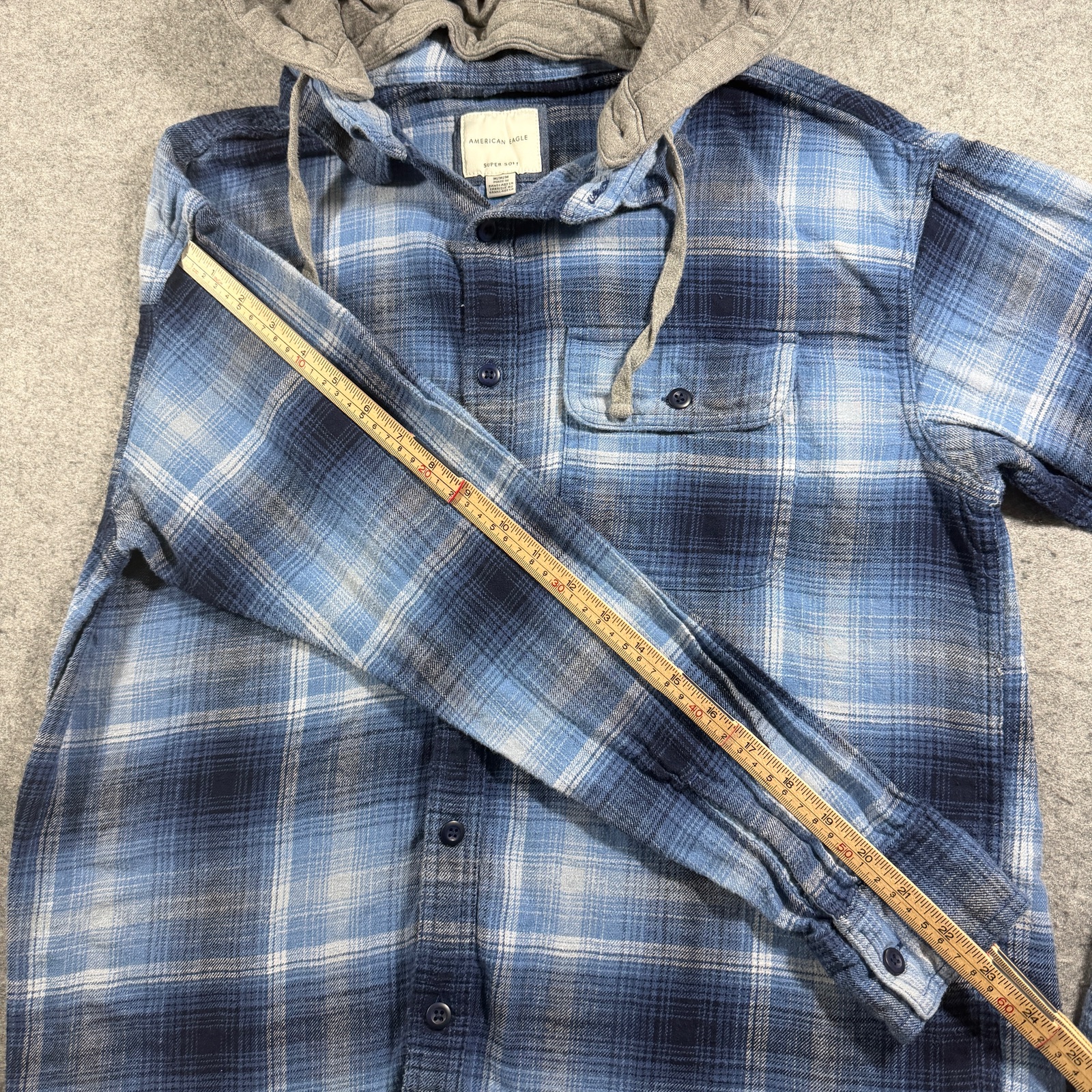 American Eagle Hooded Flannel Shirt Mens M Blue Plaid Button Down Super Soft thumbnail 8