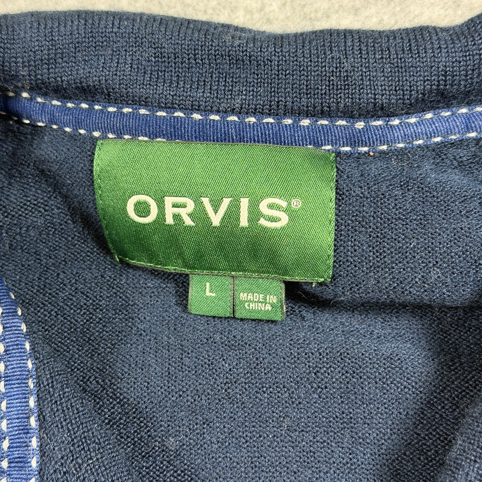 Orvis 100% Merino Wool Knit Sweater Mens L Navy 1/4 Zip Elbow Patch Preppy thumbnail 3
