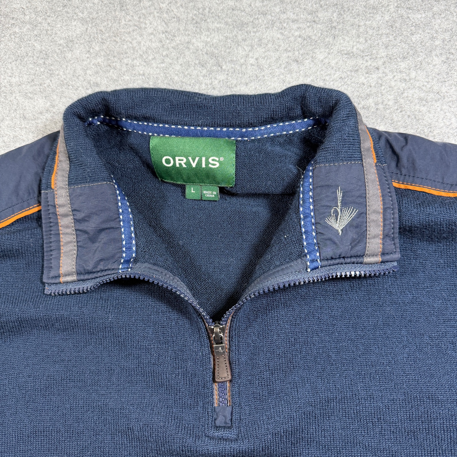 Orvis 100% Merino Wool Knit Sweater Mens L Navy 1/4 Zip Elbow Patch Preppy thumbnail 4