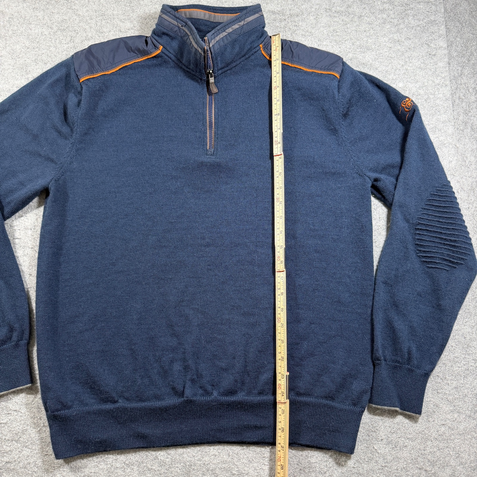 Orvis 100% Merino Wool Knit Sweater Mens L Navy 1/4 Zip Elbow Patch Preppy thumbnail 6