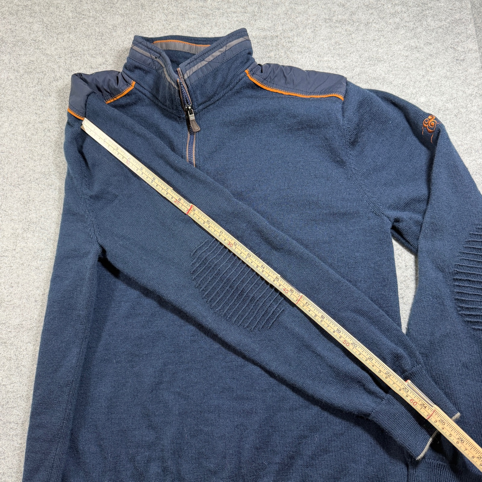 Orvis 100% Merino Wool Knit Sweater Mens L Navy 1/4 Zip Elbow Patch Preppy thumbnail 8
