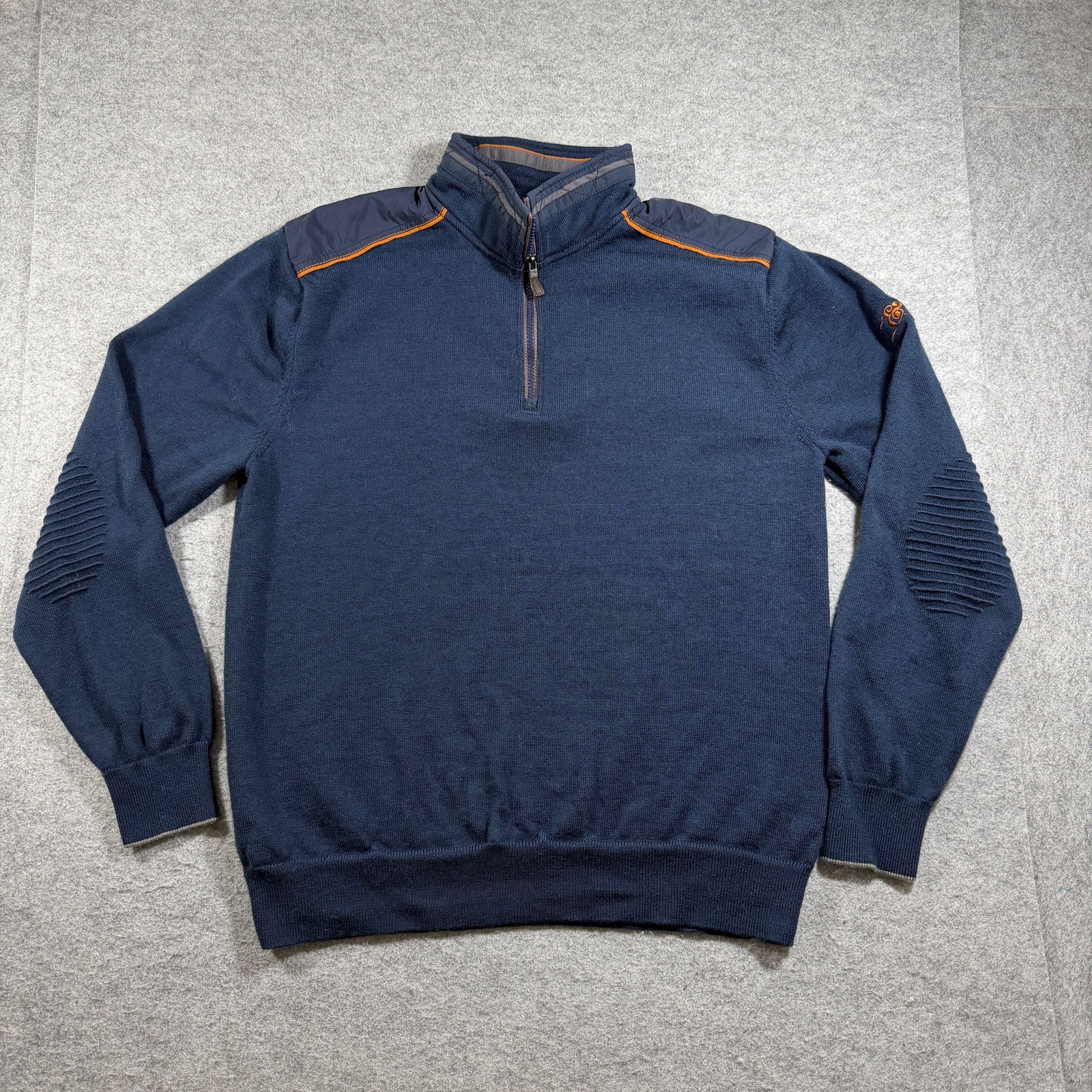 Orvis 100% Merino Wool Knit Sweater Mens L Navy 1/4 Zip Elbow Patch Preppy thumbnail 9