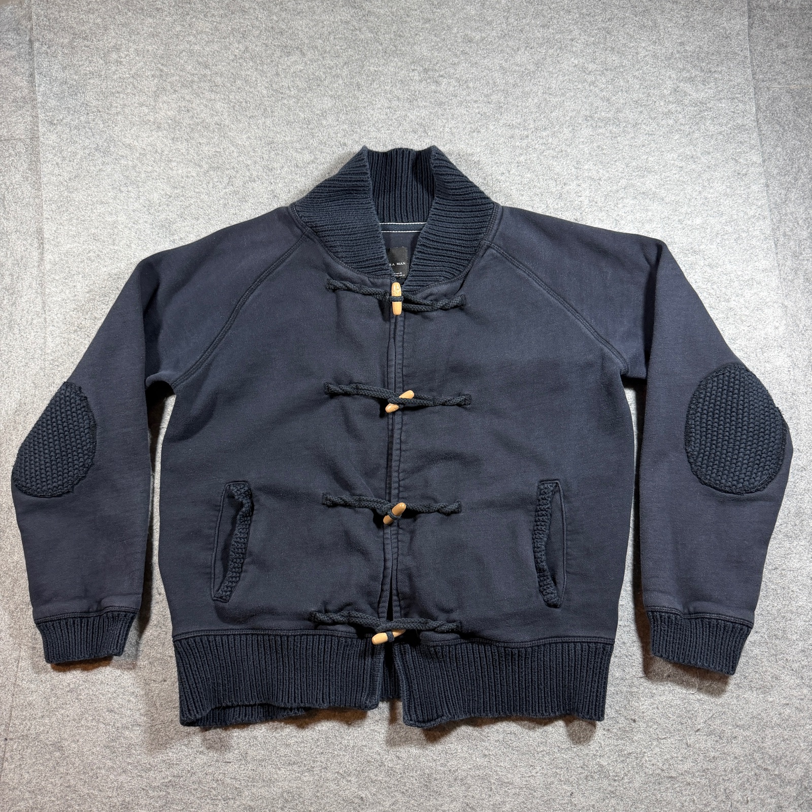 Zara Man Cardigan Mens XL Navy Toggle Shawl Collar Elbow Patches Fall Preppy