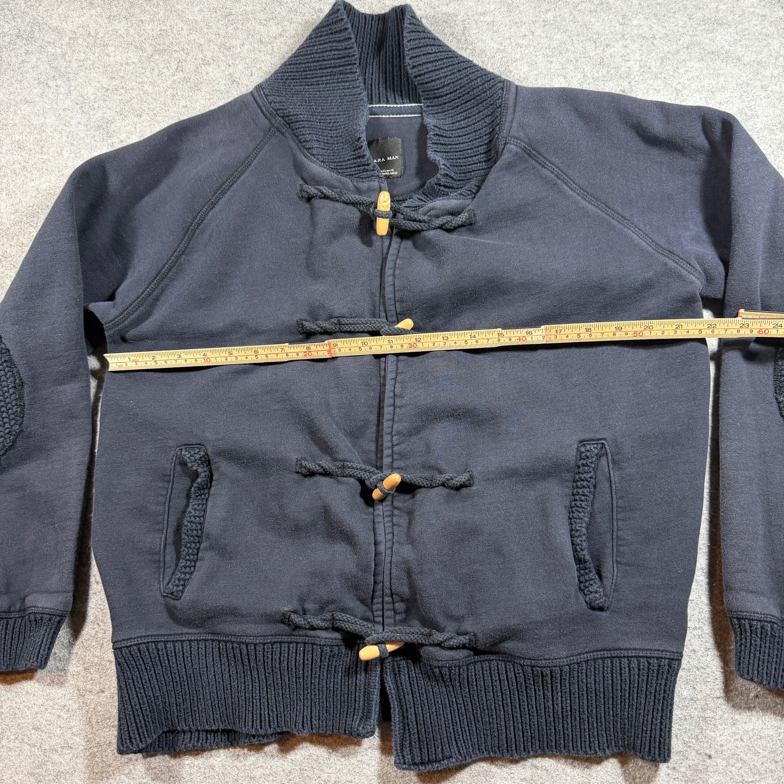 Zara Man Cardigan Mens XL Navy Toggle Shawl Collar Elbow Patches Fall Preppy thumbnail 6