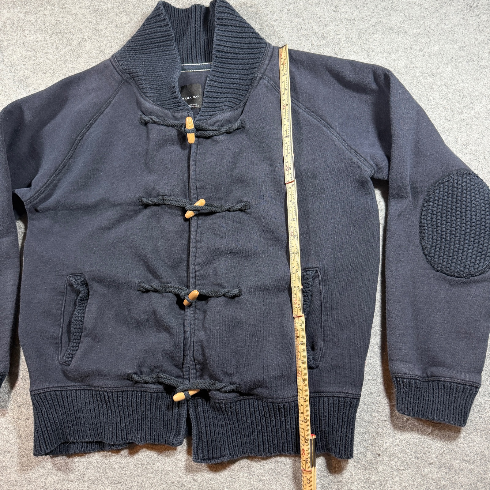Zara Man Cardigan Mens XL Navy Toggle Shawl Collar Elbow Patches Fall Preppy thumbnail 7