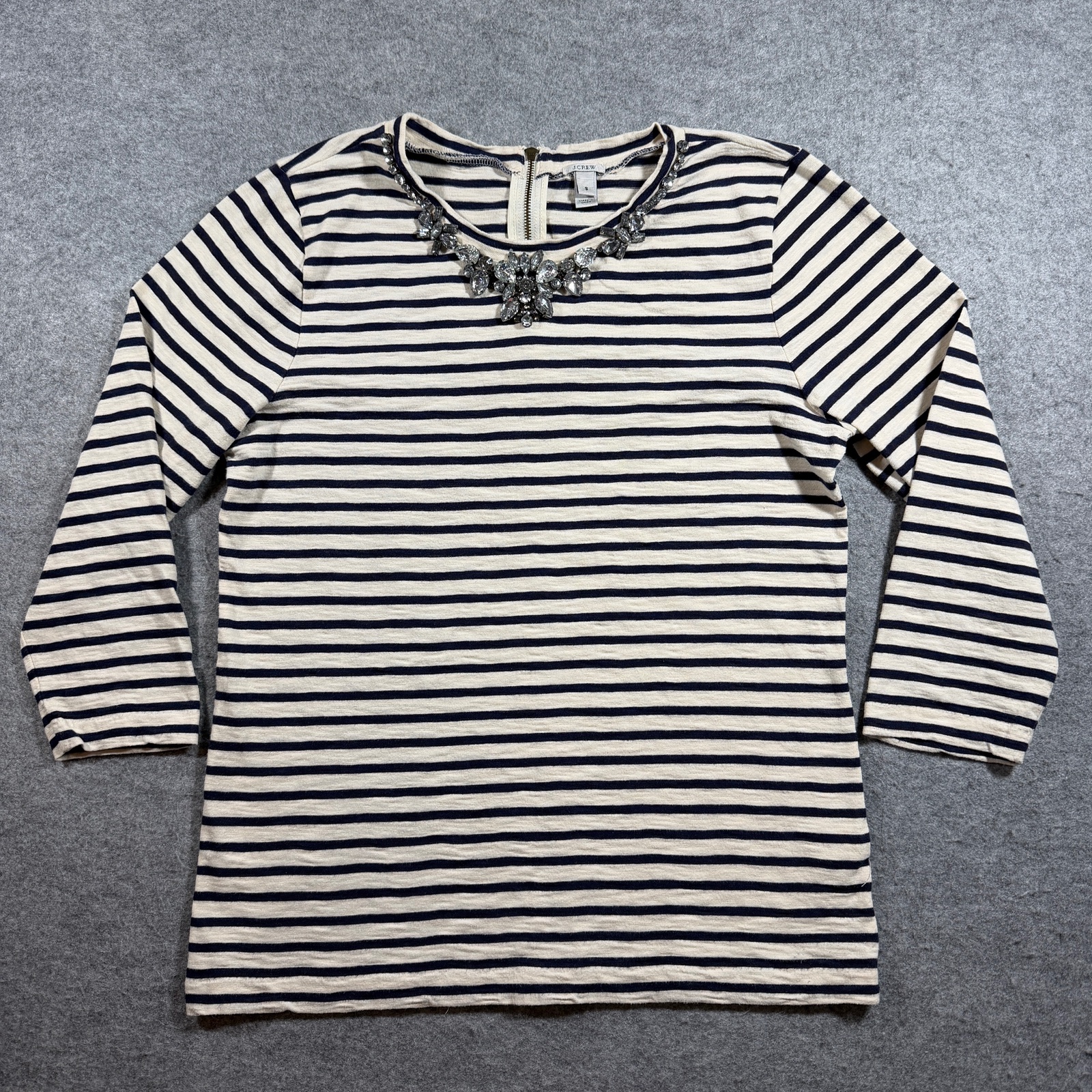J.Crew Striped Tee Womens S Navy Cream Jeweled Neckline 3/4 Sleeve Breton