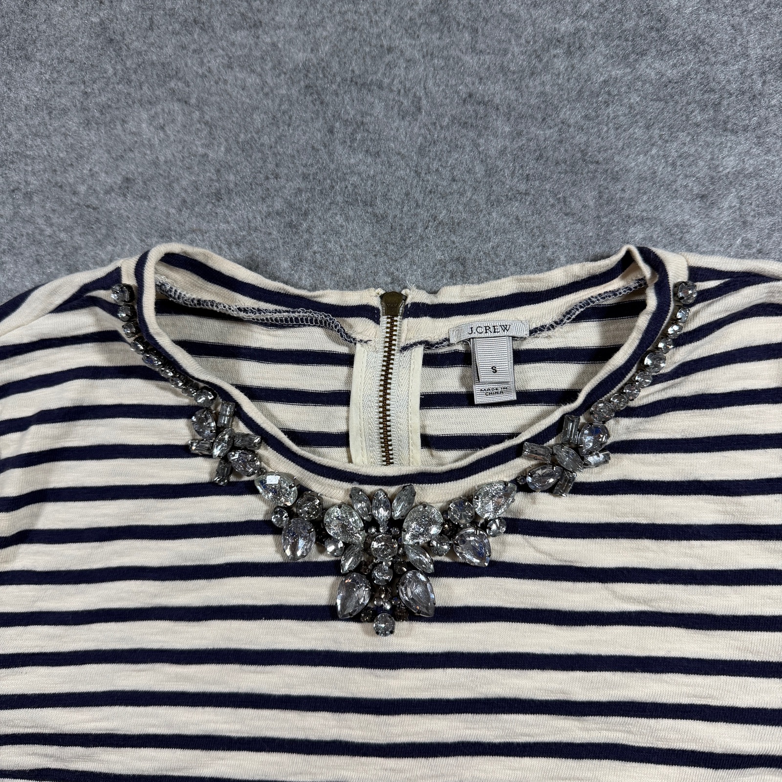 J.Crew Striped Tee Womens S Navy Cream Jeweled Neckline 3/4 Sleeve Breton thumbnail 3