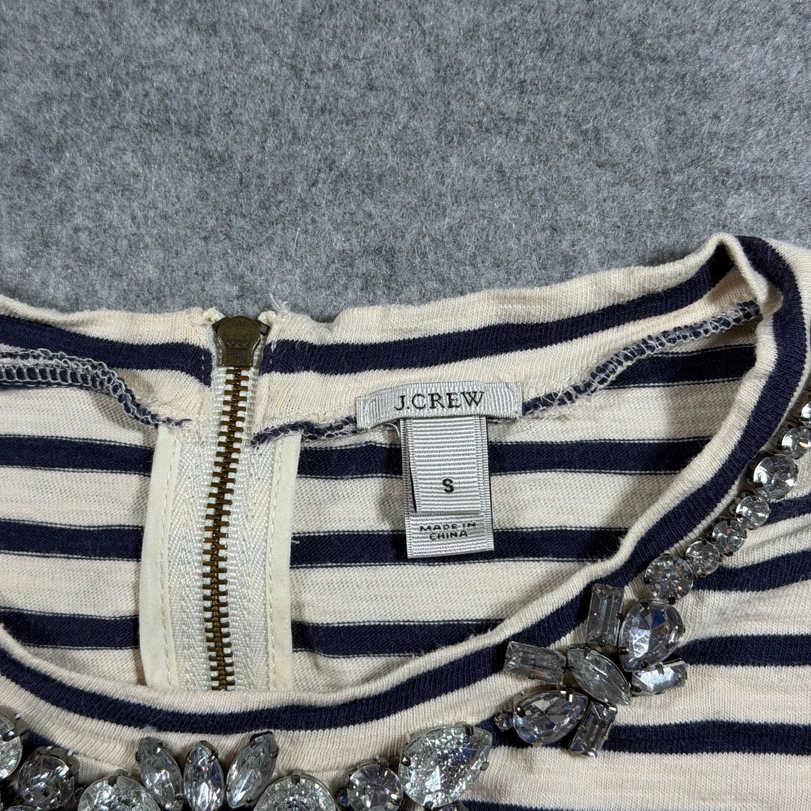 J.Crew Striped Tee Womens S Navy Cream Jeweled Neckline 3/4 Sleeve Breton thumbnail 4