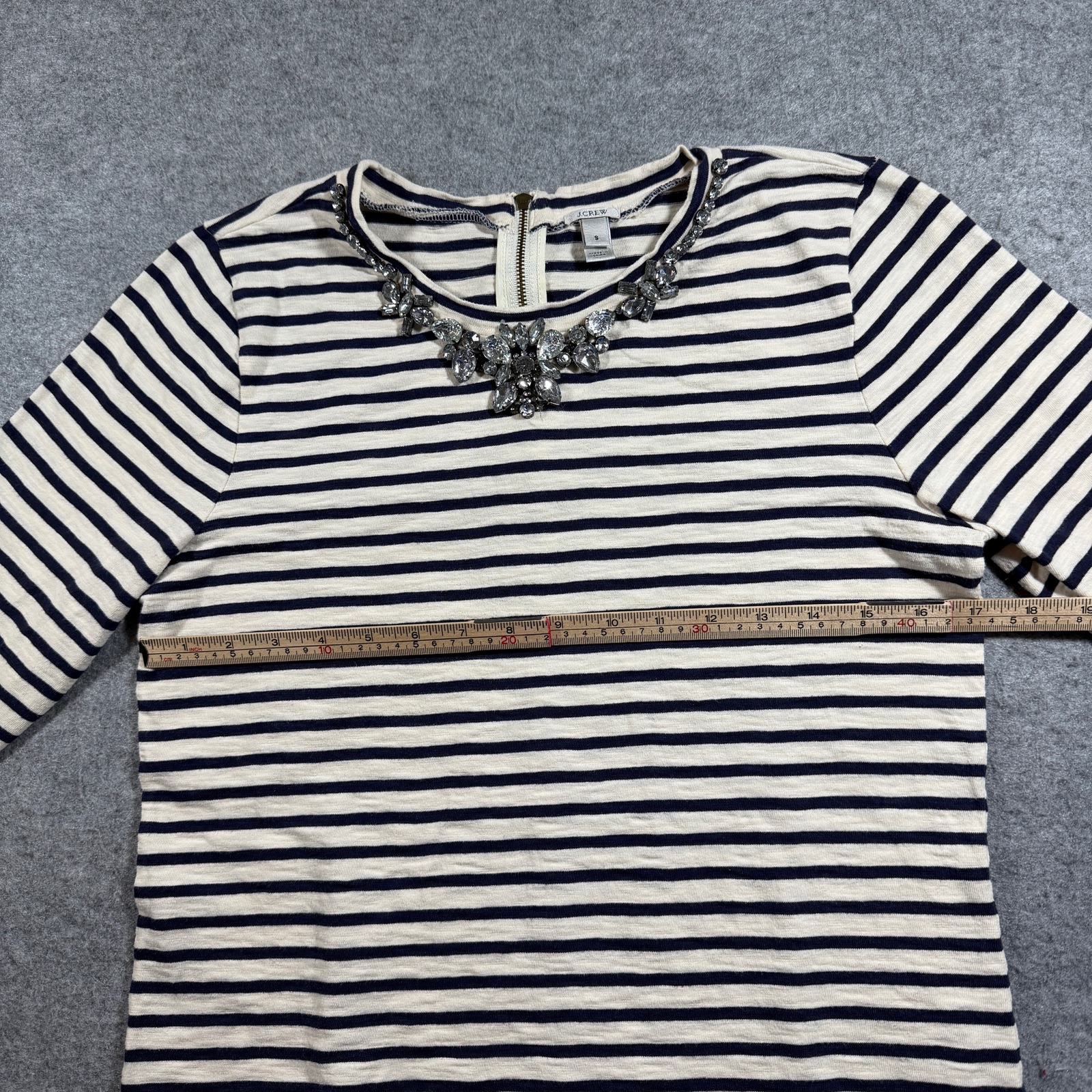 J.Crew Striped Tee Womens S Navy Cream Jeweled Neckline 3/4 Sleeve Breton thumbnail 6