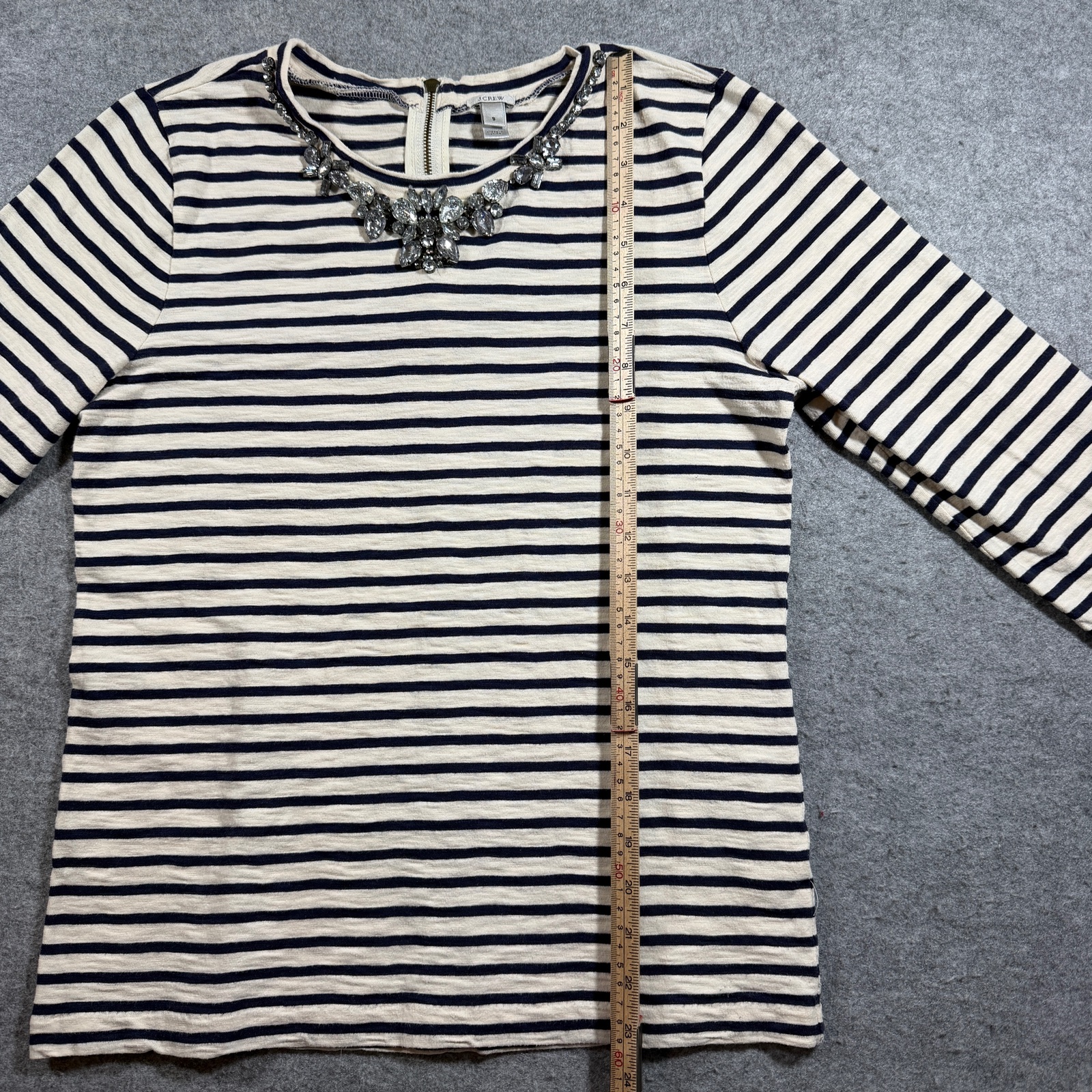J.Crew Striped Tee Womens S Navy Cream Jeweled Neckline 3/4 Sleeve Breton thumbnail 7