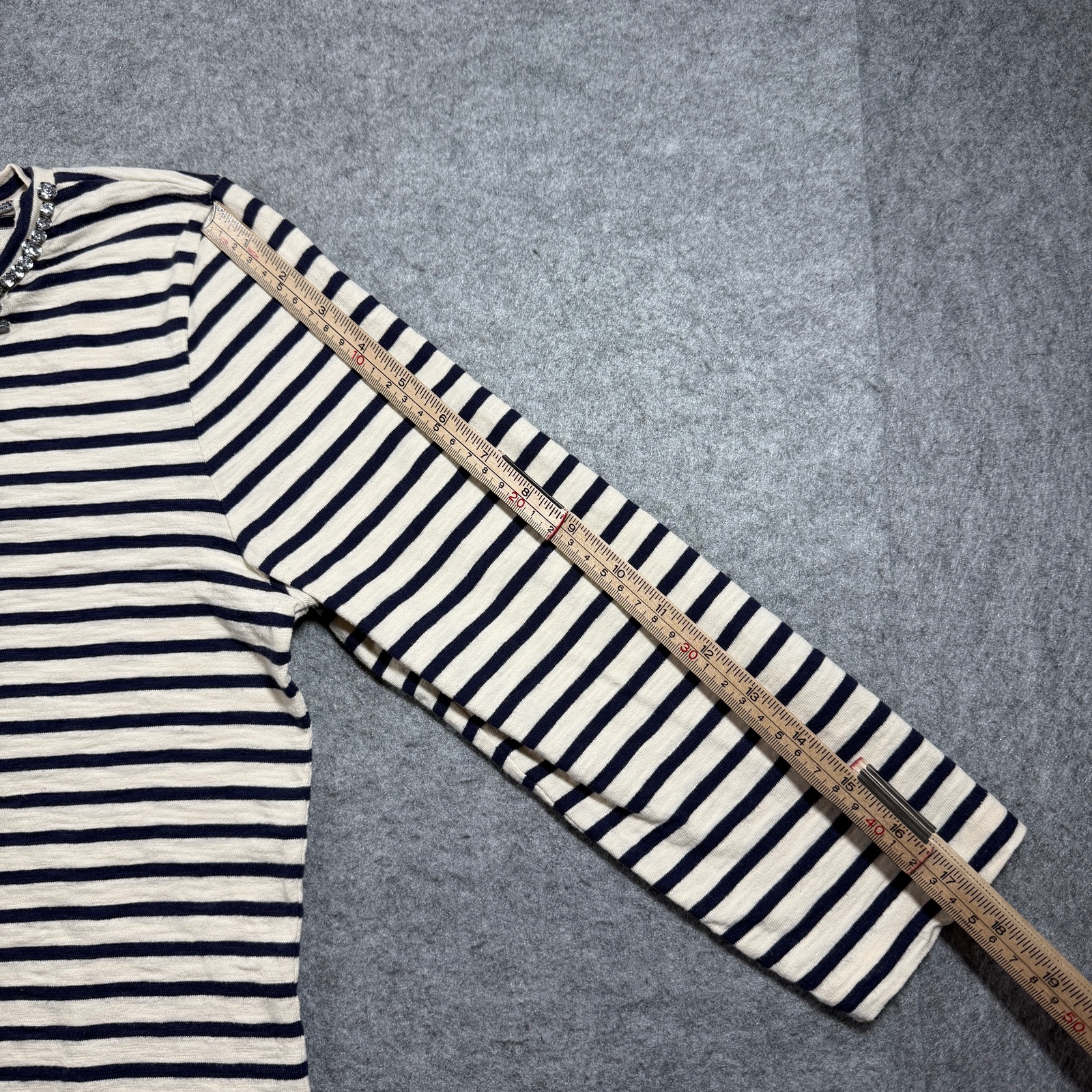 J.Crew Striped Tee Womens S Navy Cream Jeweled Neckline 3/4 Sleeve Breton thumbnail 8