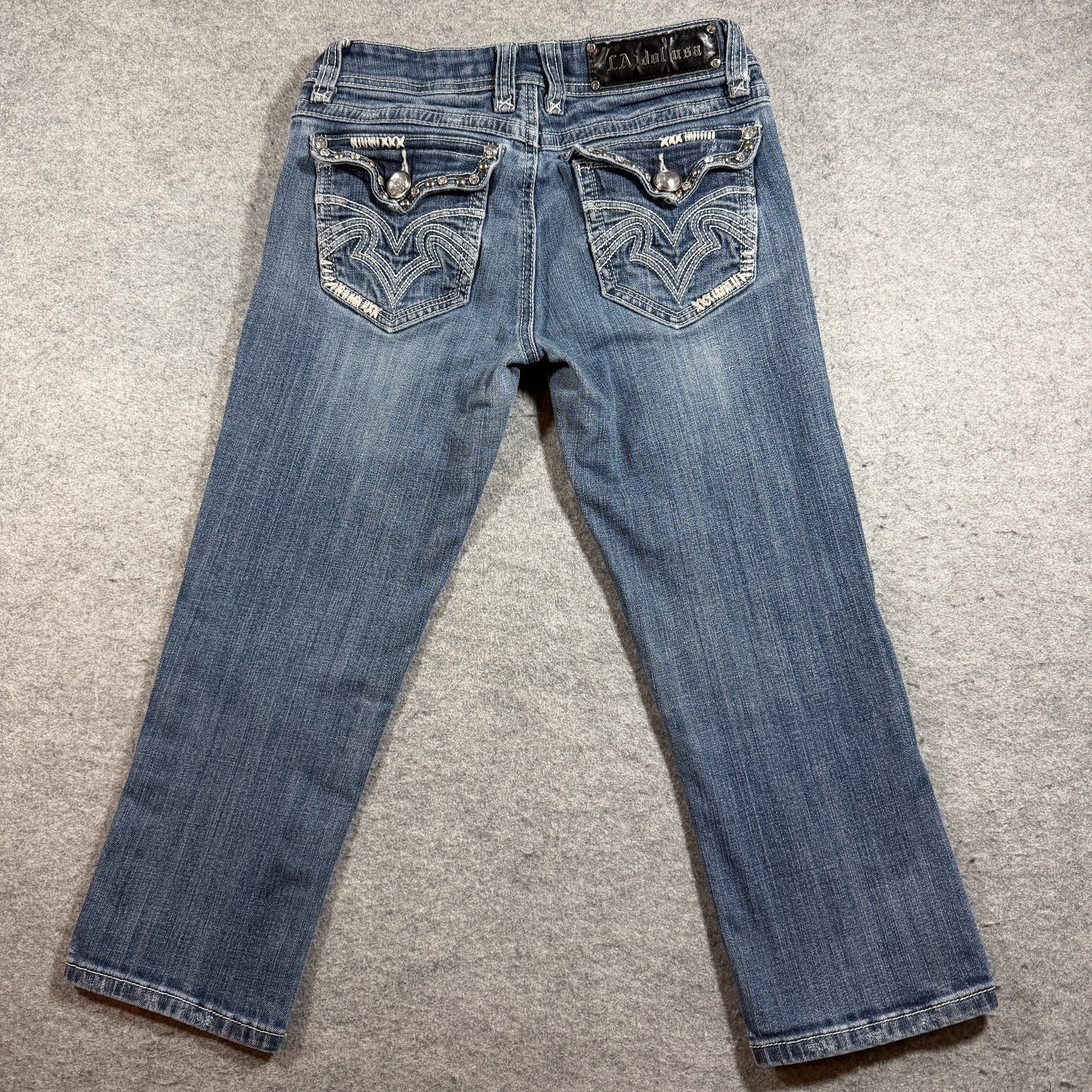 Y2K L.A. Idol USA Jeans Womens 5 Blue Bootcut Distressed Rhinestone Embellished thumbnail 2