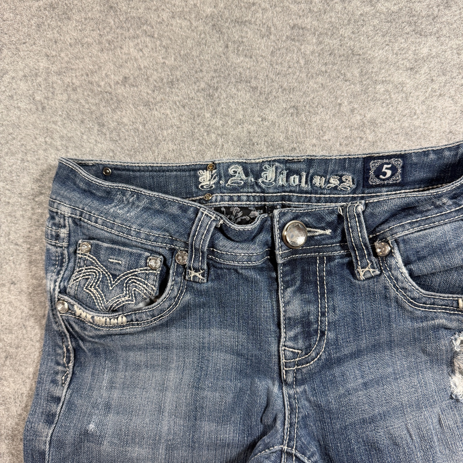 Y2K L.A. Idol USA Jeans Womens 5 Blue Bootcut Distressed Rhinestone Embellished thumbnail 3