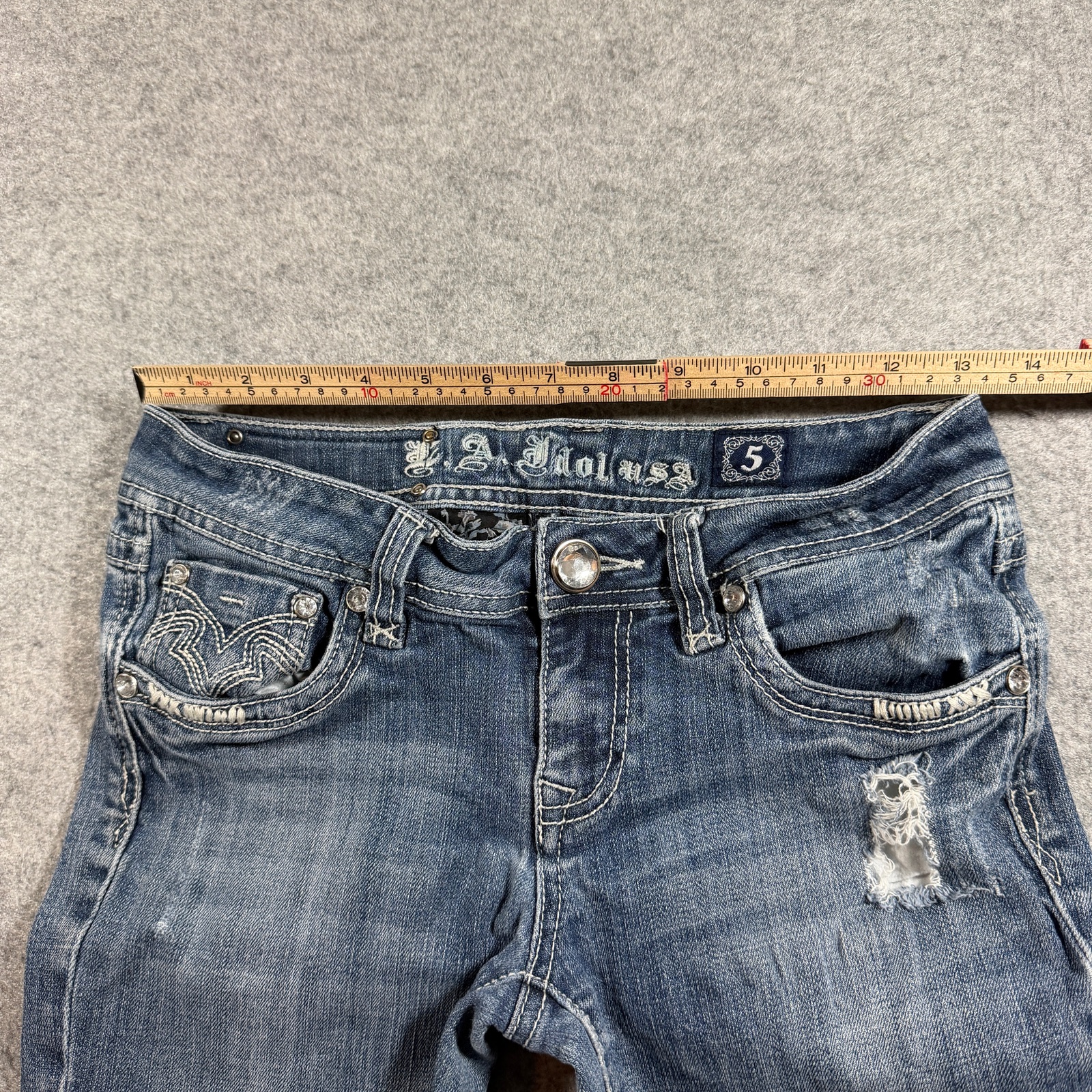 Y2K L.A. Idol USA Jeans Womens 5 Blue Bootcut Distressed Rhinestone Embellished thumbnail 6