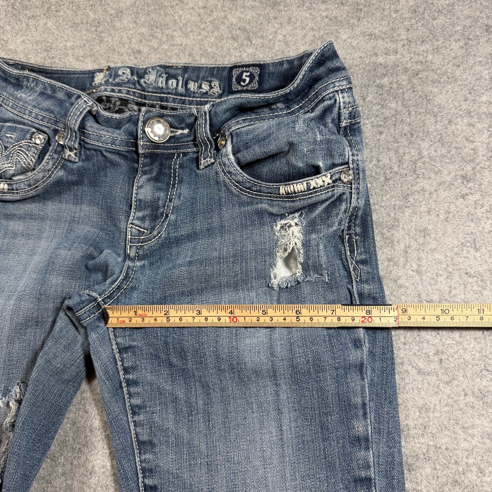 Y2K L.A. Idol USA Jeans Womens 5 Blue Bootcut Distressed Rhinestone Embellished thumbnail 8