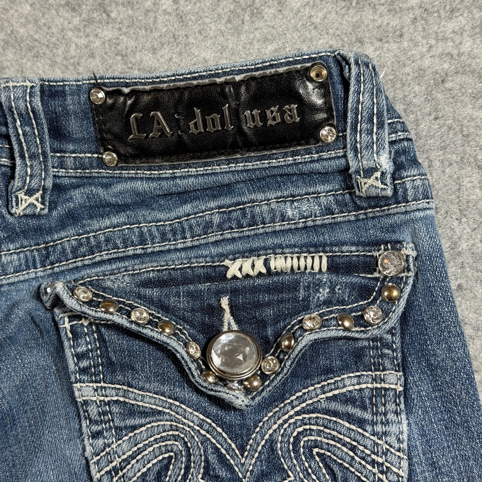 Y2K L.A. Idol USA Jeans Womens 5 Blue Bootcut Distressed Rhinestone Embellished thumbnail 10