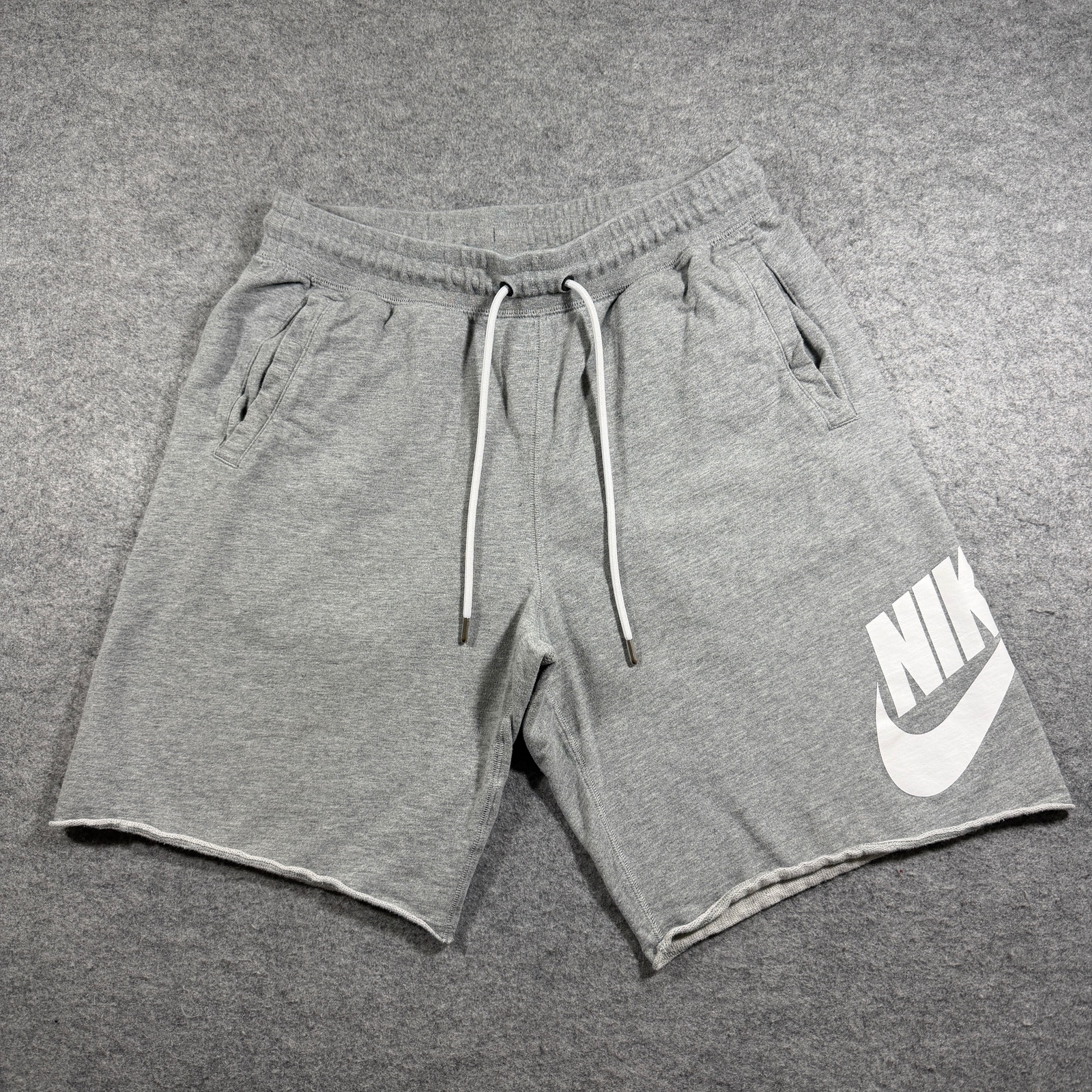 Nike Sweat Shorts Mens L Heather Gray Cotton Logo Raw Hem Lounge Drawstring