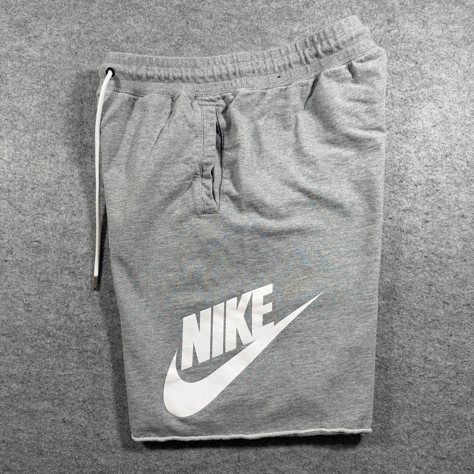 Nike Sweat Shorts Mens L Heather Gray Cotton Logo Raw Hem Lounge Drawstring thumbnail 4