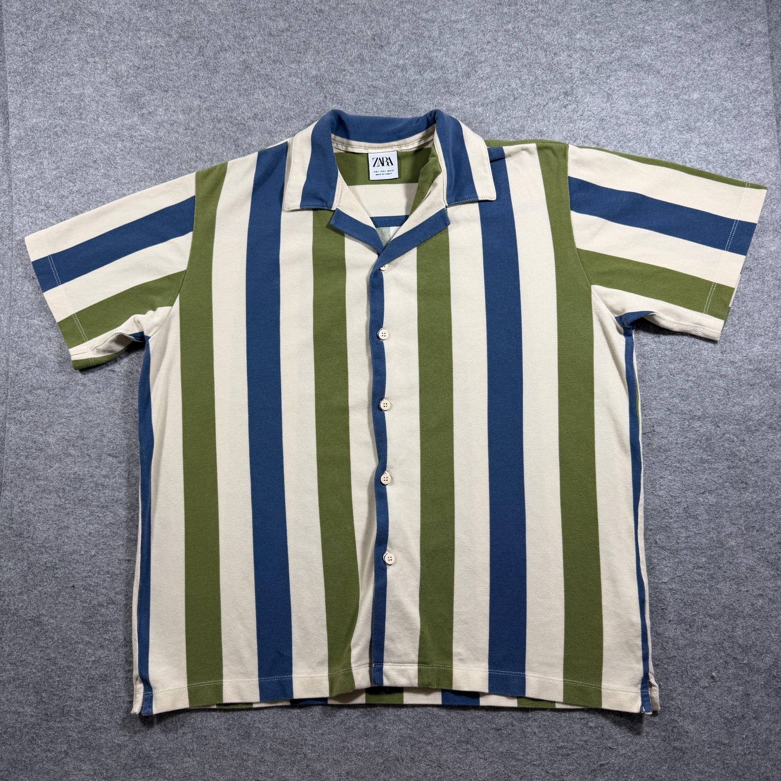 Zara Camp Collar Shirt Mens L Blue Olive Stripe Short Sleeve Resort Vacation