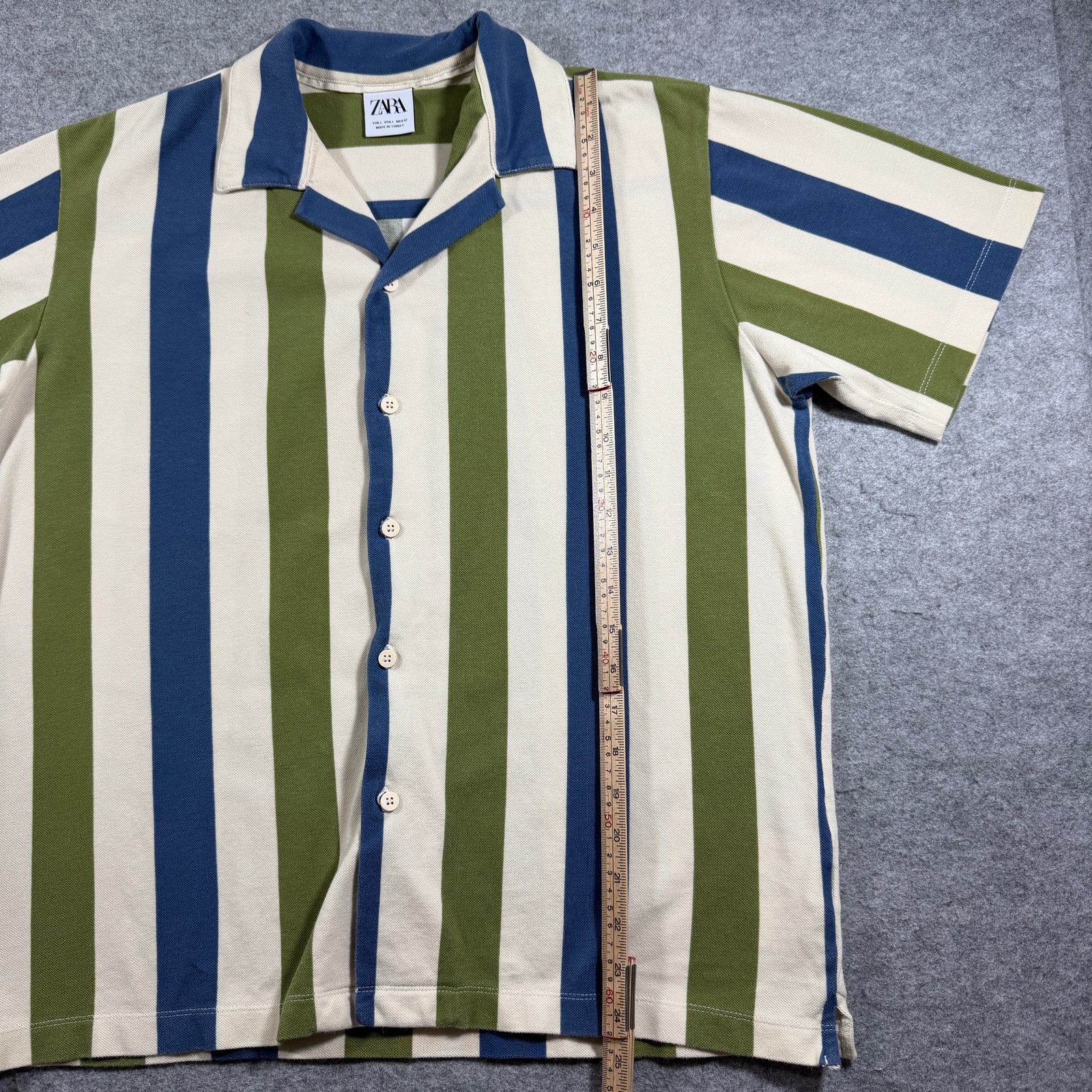 Zara Camp Collar Shirt Mens L Blue Olive Stripe Short Sleeve Resort Vacation thumbnail 4