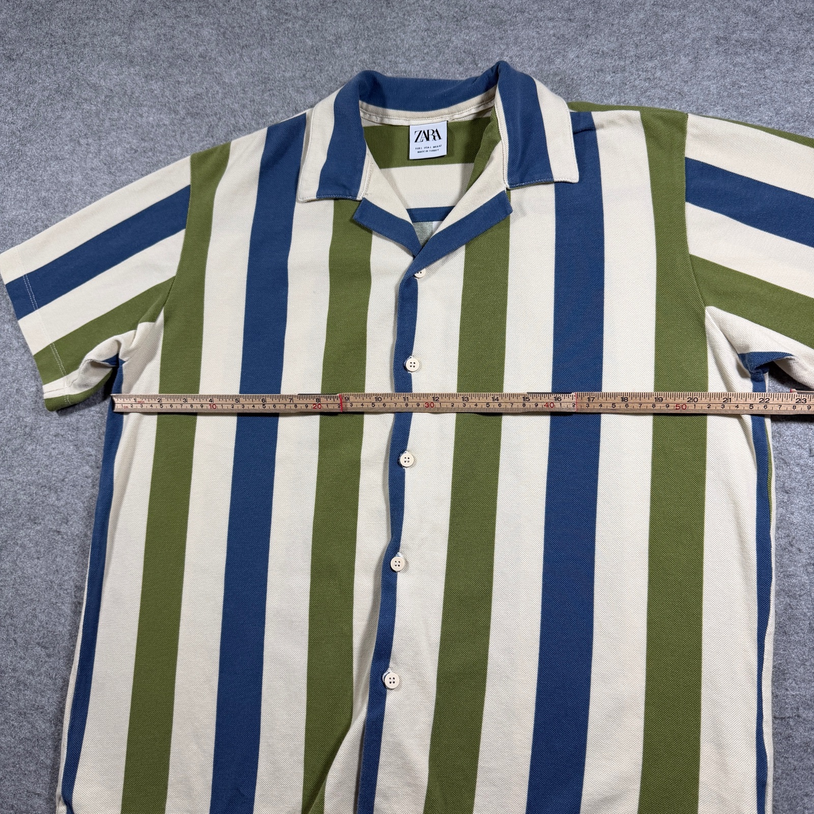 Zara Camp Collar Shirt Mens L Blue Olive Stripe Short Sleeve Resort Vacation thumbnail 5