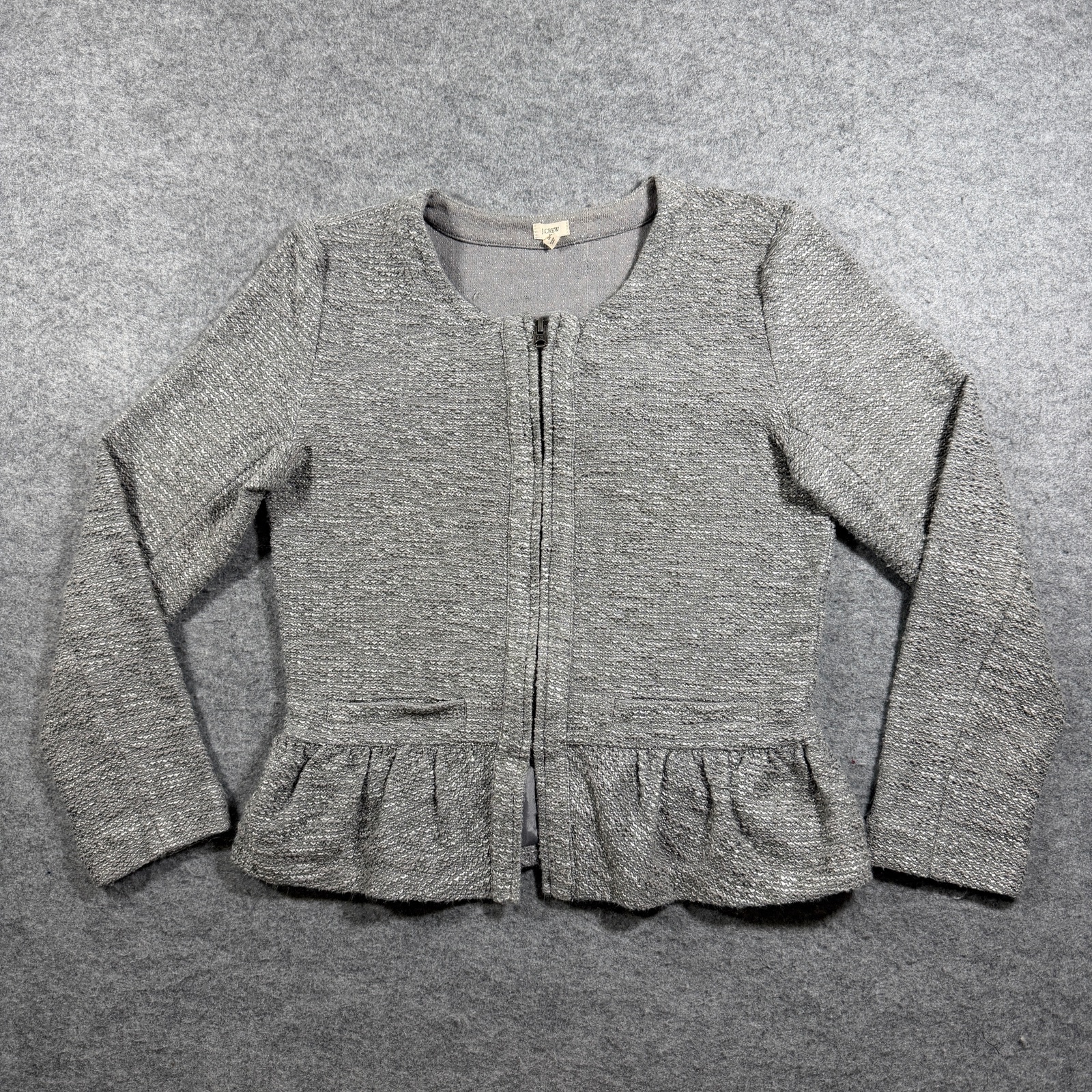 J.Crew Boucle Tweed Peplum Jacket Womens S Gray Full Zip Career Business Casual