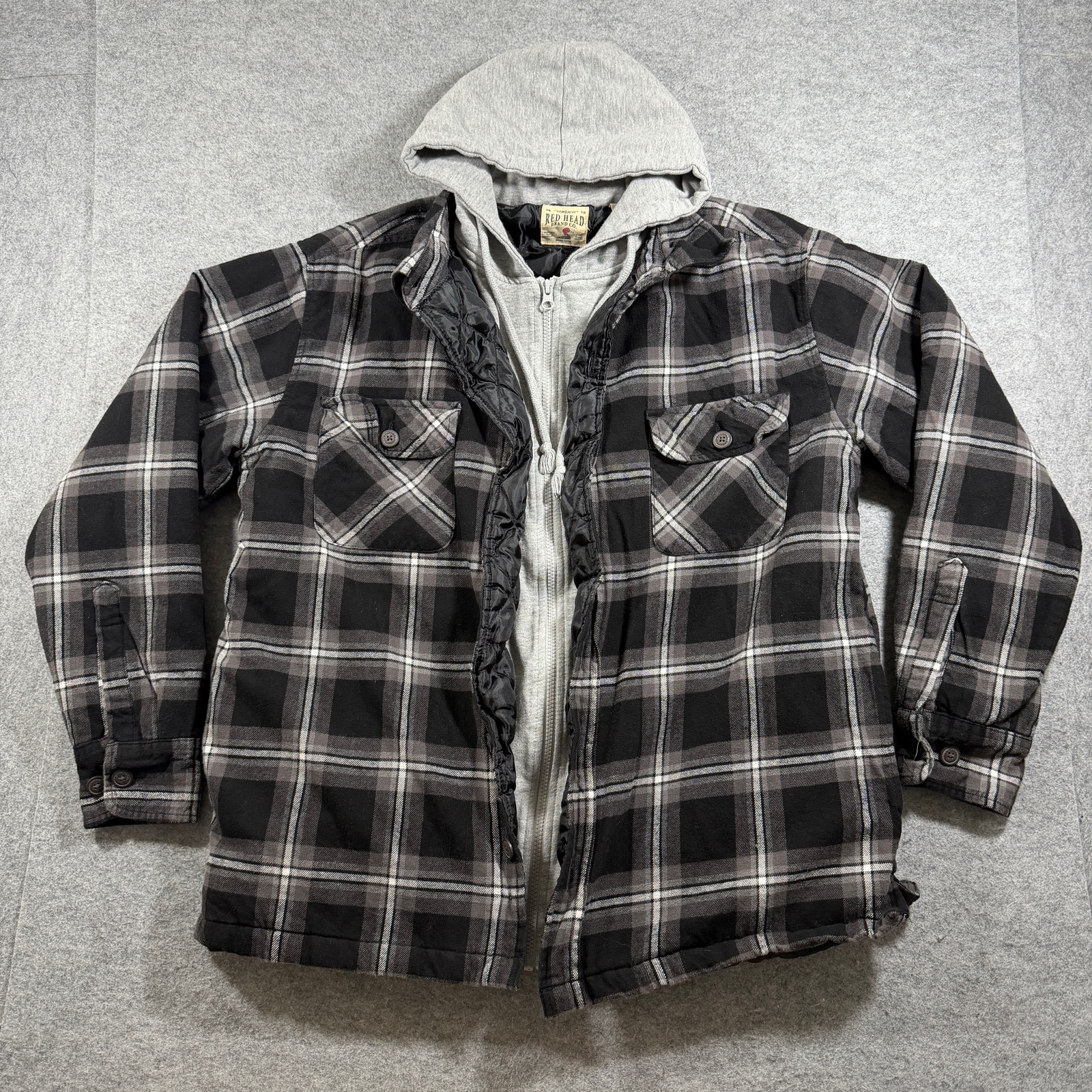 Red Head Brand Co Hooded Flannel Shirt Jacket Mens L Black Gray Plaid Zip Front