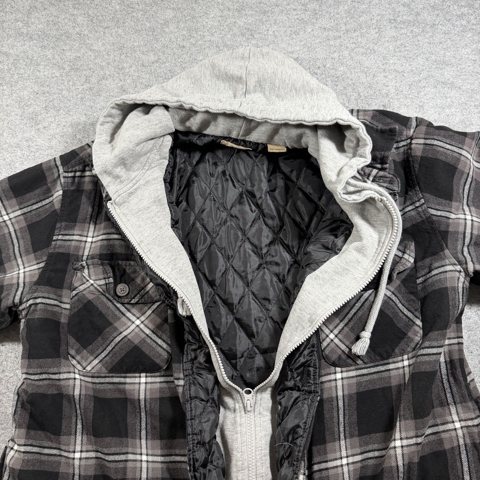 Red Head Brand Co Hooded Flannel Shirt Jacket Mens L Black Gray Plaid Zip Front thumbnail 3