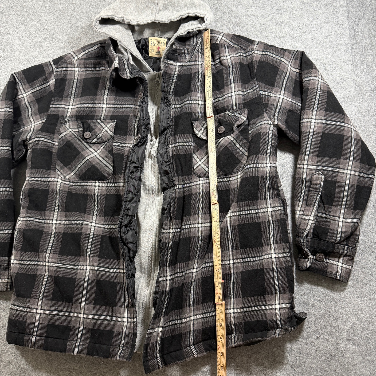 Red Head Brand Co Hooded Flannel Shirt Jacket Mens L Black Gray Plaid Zip Front thumbnail 5