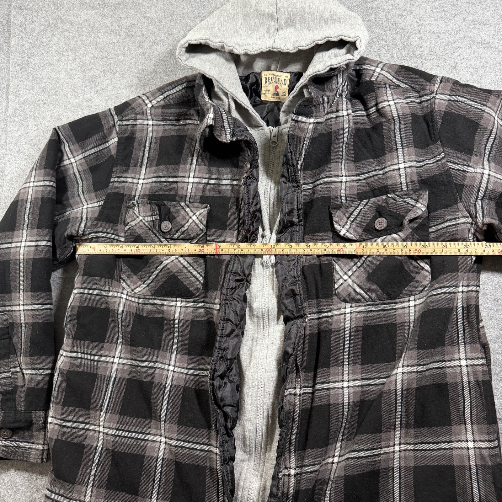 Red Head Brand Co Hooded Flannel Shirt Jacket Mens L Black Gray Plaid Zip Front thumbnail 6