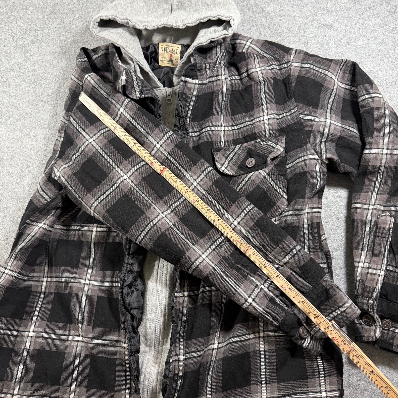 Red Head Brand Co Hooded Flannel Shirt Jacket Mens L Black Gray Plaid Zip Front thumbnail 7