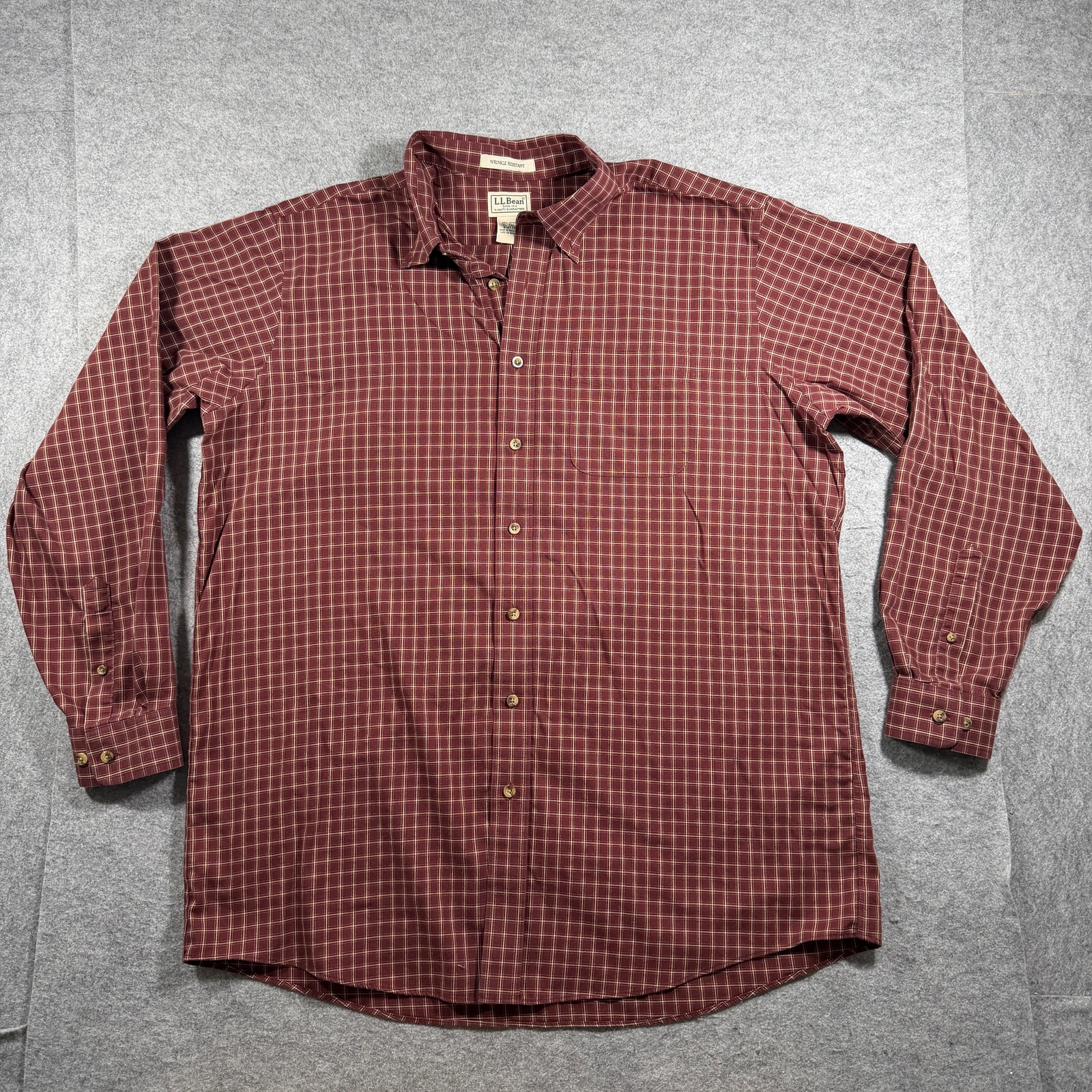 L.L.Bean Button Down Shirt Mens XL Tall Burgundy Plaid Wrinkle Resistant Cotton