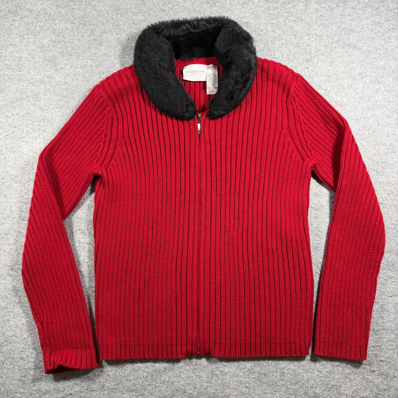 Vintage Liz Claiborne Sweater Womens M Red Full Zip Faux Fur Collar Ribbed Knit