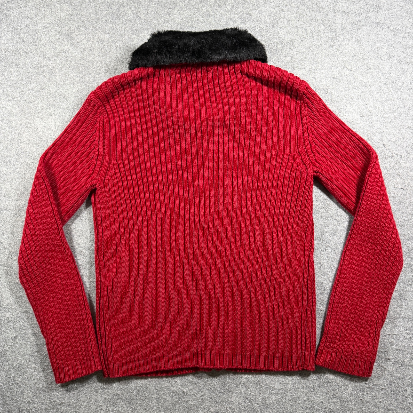 Vintage Liz Claiborne Sweater Womens M Red Full Zip Faux Fur Collar Ribbed Knit thumbnail 2