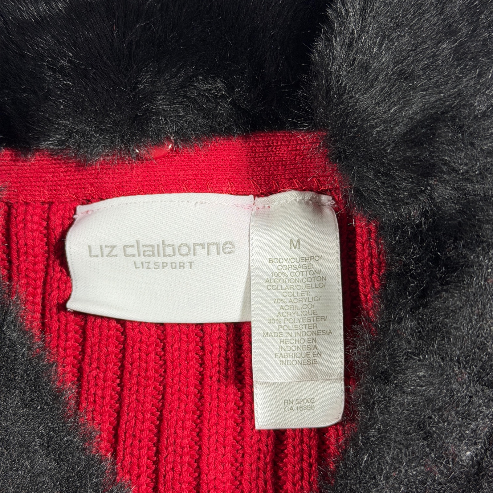 Vintage Liz Claiborne Sweater Womens M Red Full Zip Faux Fur Collar Ribbed Knit thumbnail 3