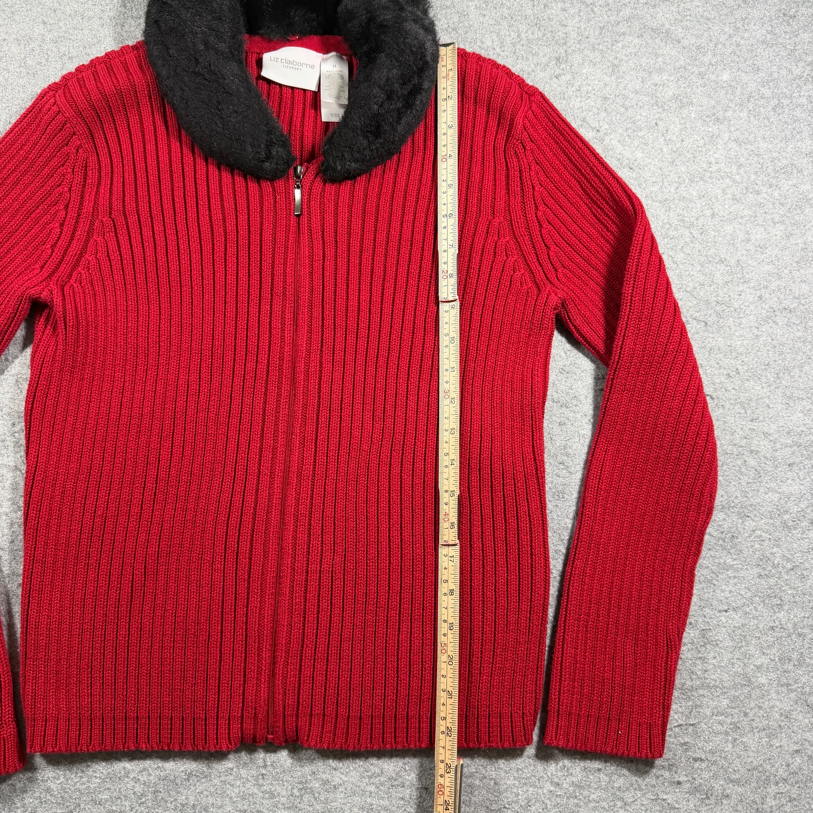 Vintage Liz Claiborne Sweater Womens M Red Full Zip Faux Fur Collar Ribbed Knit thumbnail 4