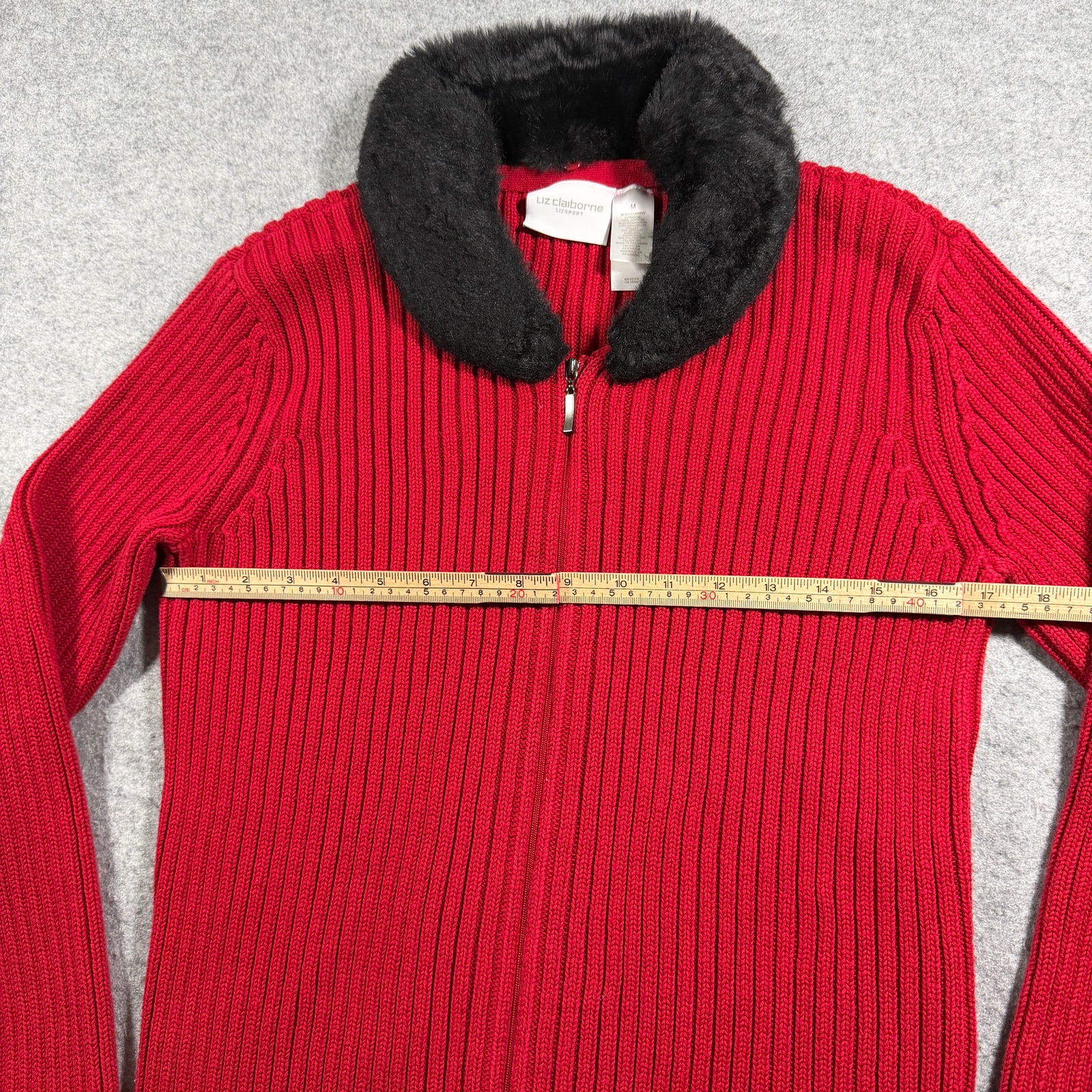 Vintage Liz Claiborne Sweater Womens M Red Full Zip Faux Fur Collar Ribbed Knit thumbnail 5