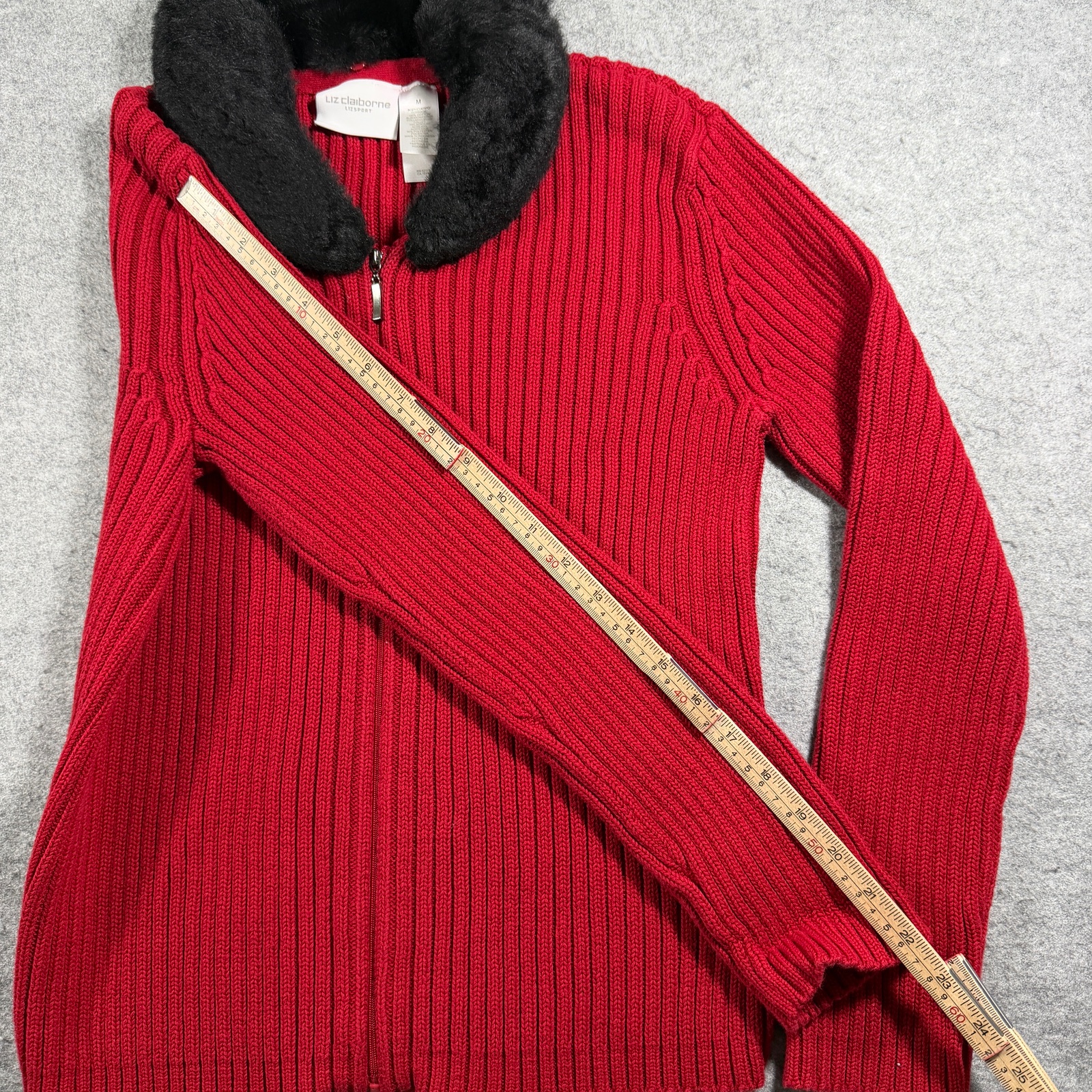 Vintage Liz Claiborne Sweater Womens M Red Full Zip Faux Fur Collar Ribbed Knit thumbnail 6