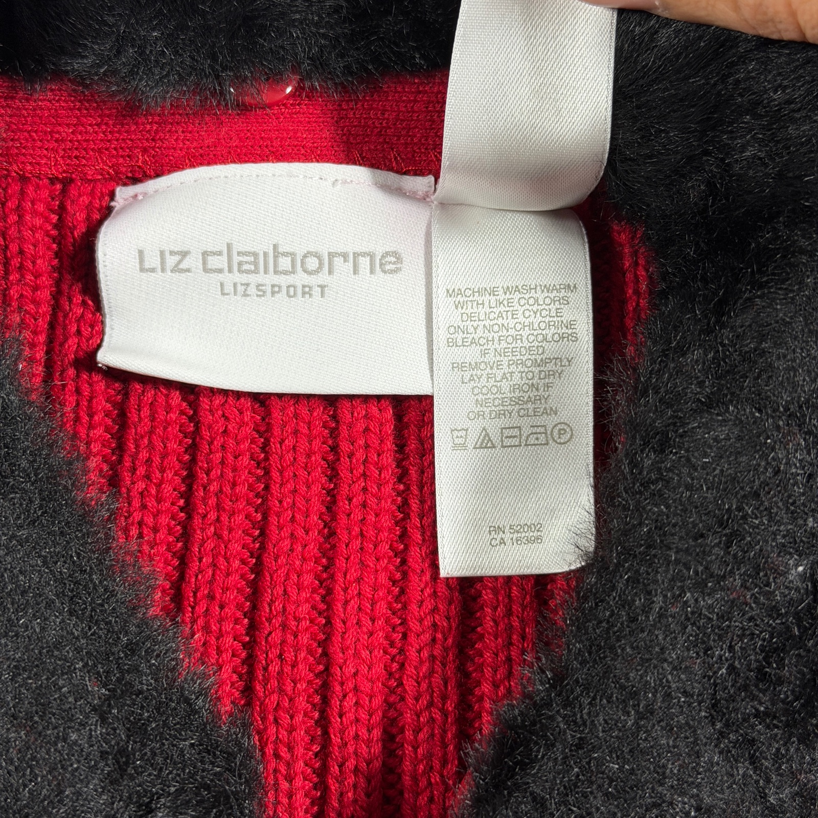 Vintage Liz Claiborne Sweater Womens M Red Full Zip Faux Fur Collar Ribbed Knit thumbnail 7