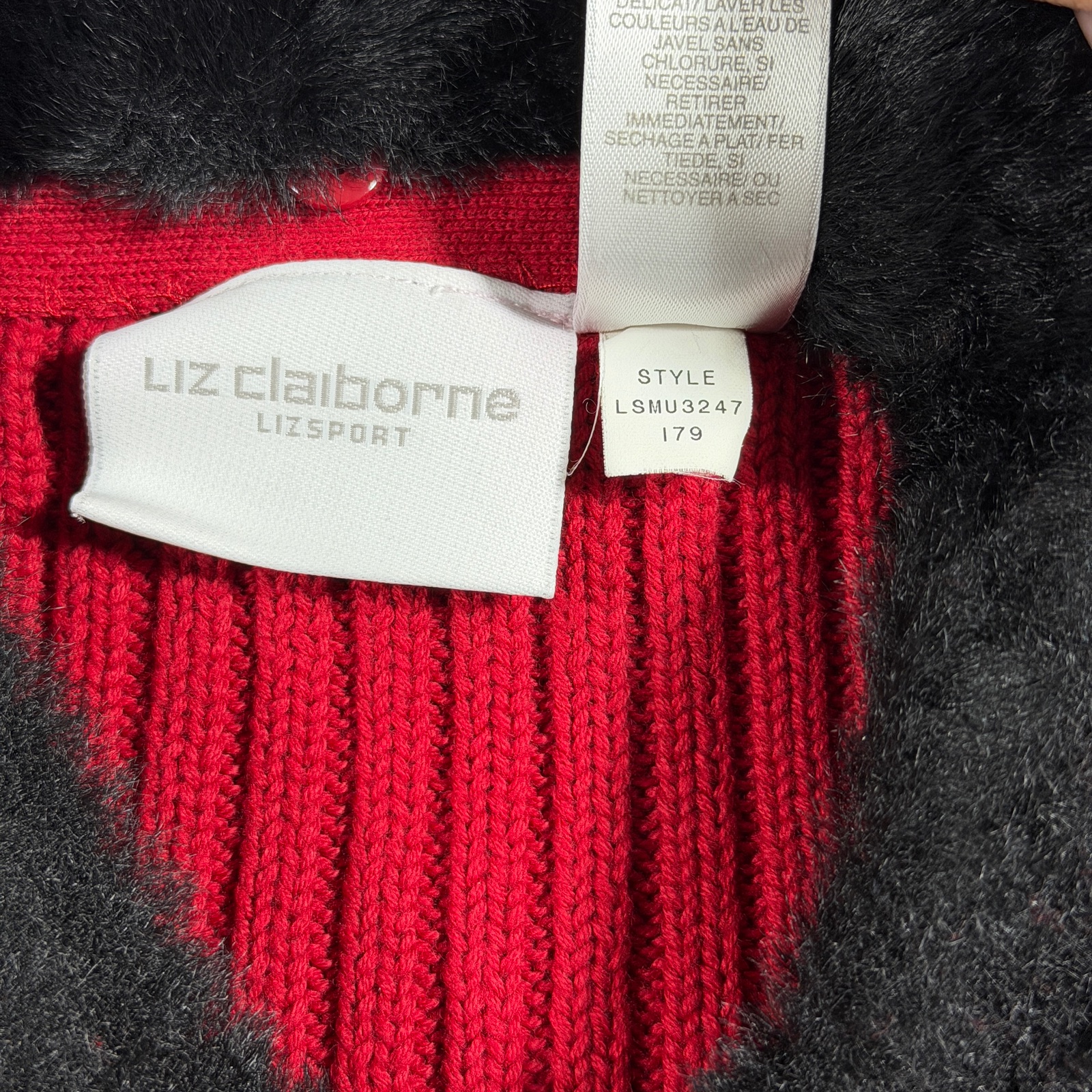 Vintage Liz Claiborne Sweater Womens M Red Full Zip Faux Fur Collar Ribbed Knit thumbnail 8