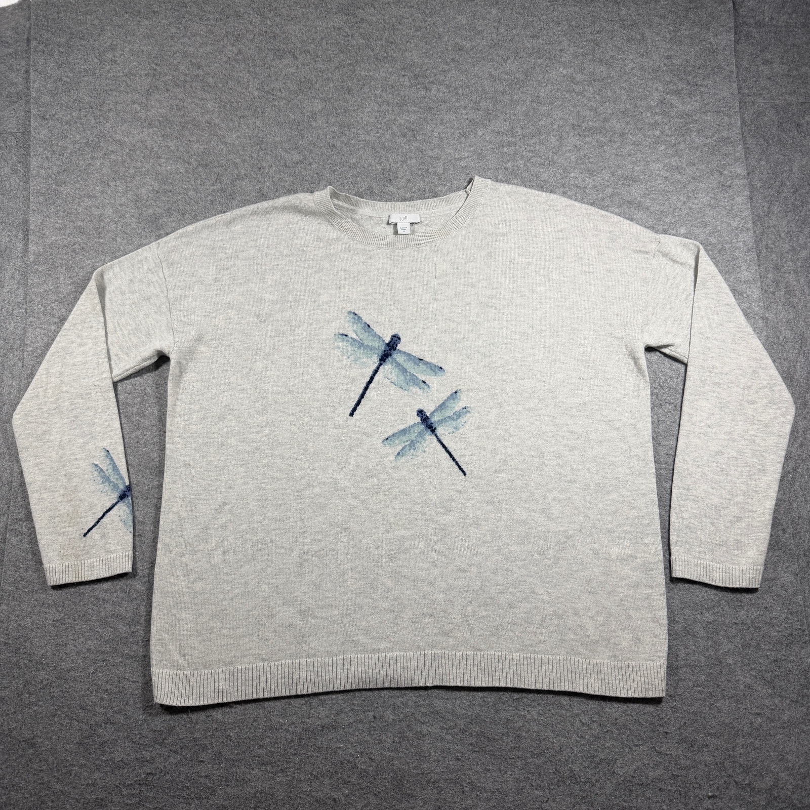 J.Jill Sweater Womens M Heather Gray Dragonfly Graphic Crewneck Knit Pullover