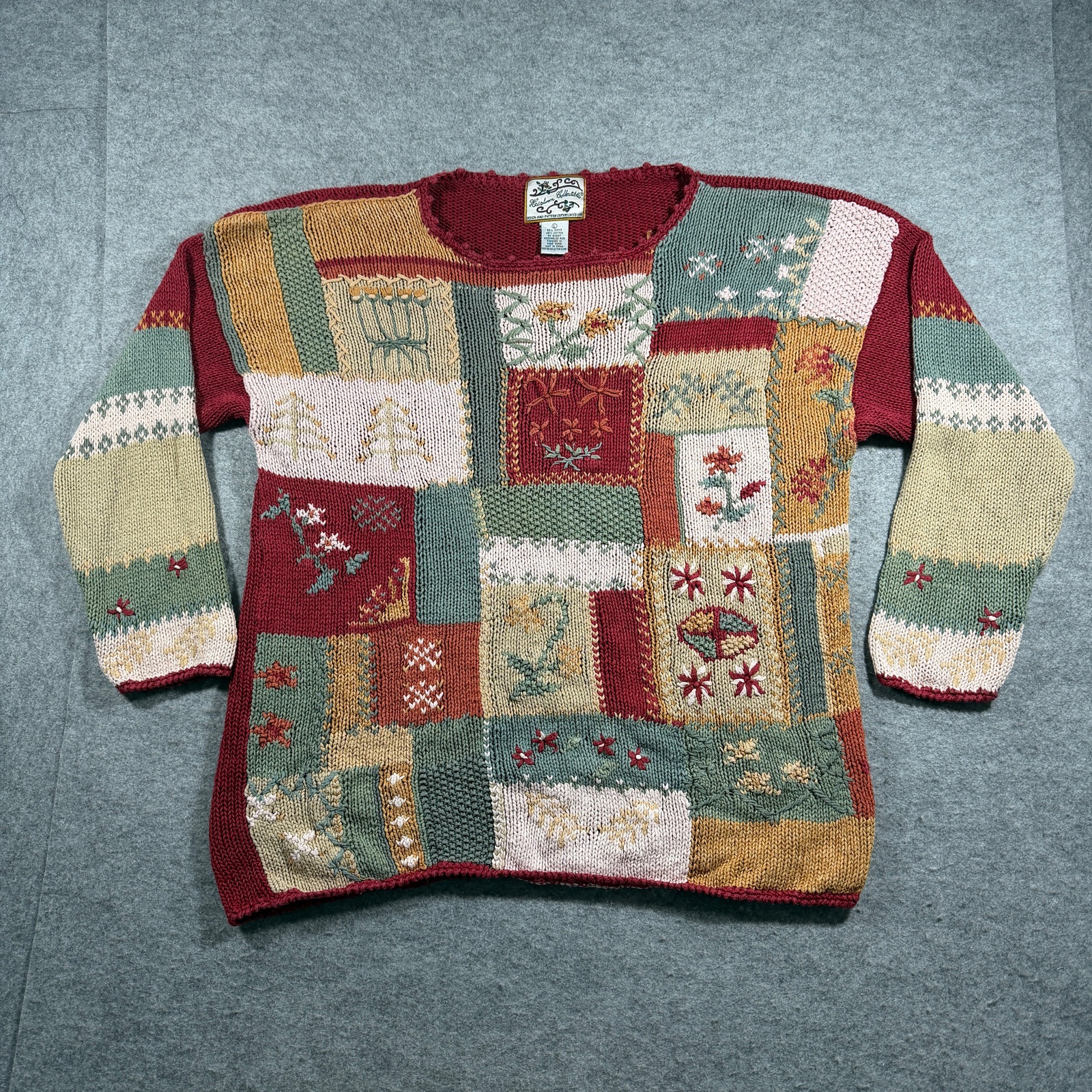 Vintage 90s Heirloom Collectibles Sweater Womens L Patchwork Floral Embroidered