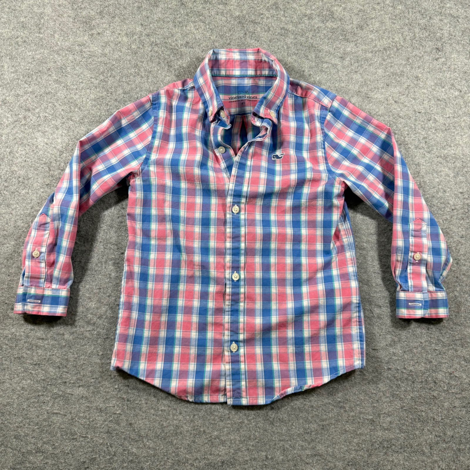 Vineyard Vines Button Up Shirt Boys 4T Pink Blue Plaid Whale Logo Preppy Church