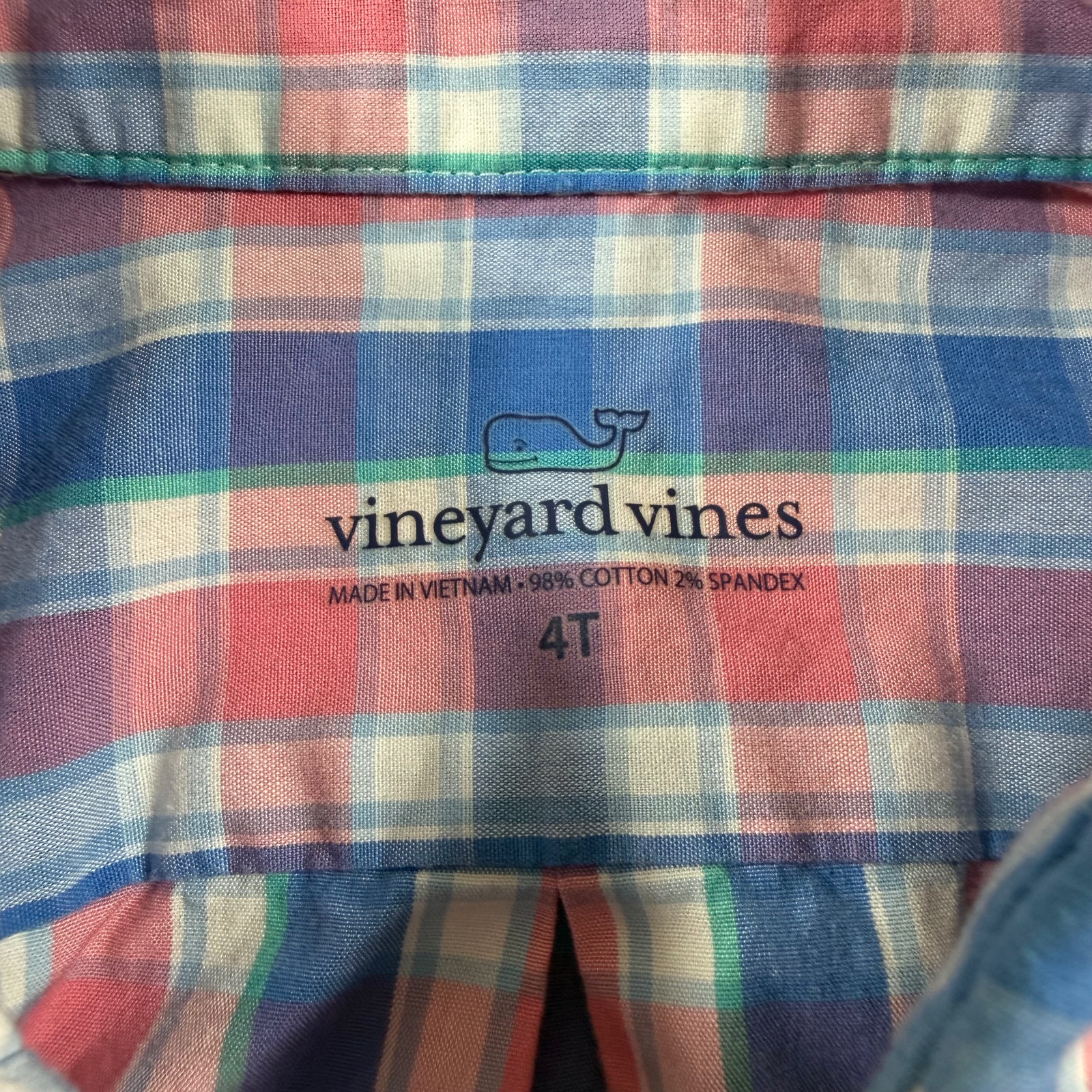 Vineyard Vines Button Up Shirt Boys 4T Pink Blue Plaid Whale Logo Preppy Church thumbnail 3
