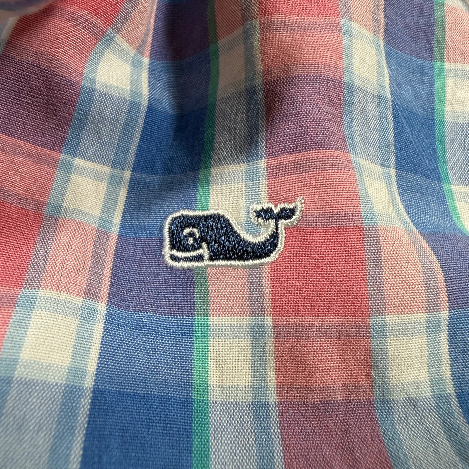 Vineyard Vines Button Up Shirt Boys 4T Pink Blue Plaid Whale Logo Preppy Church thumbnail 4